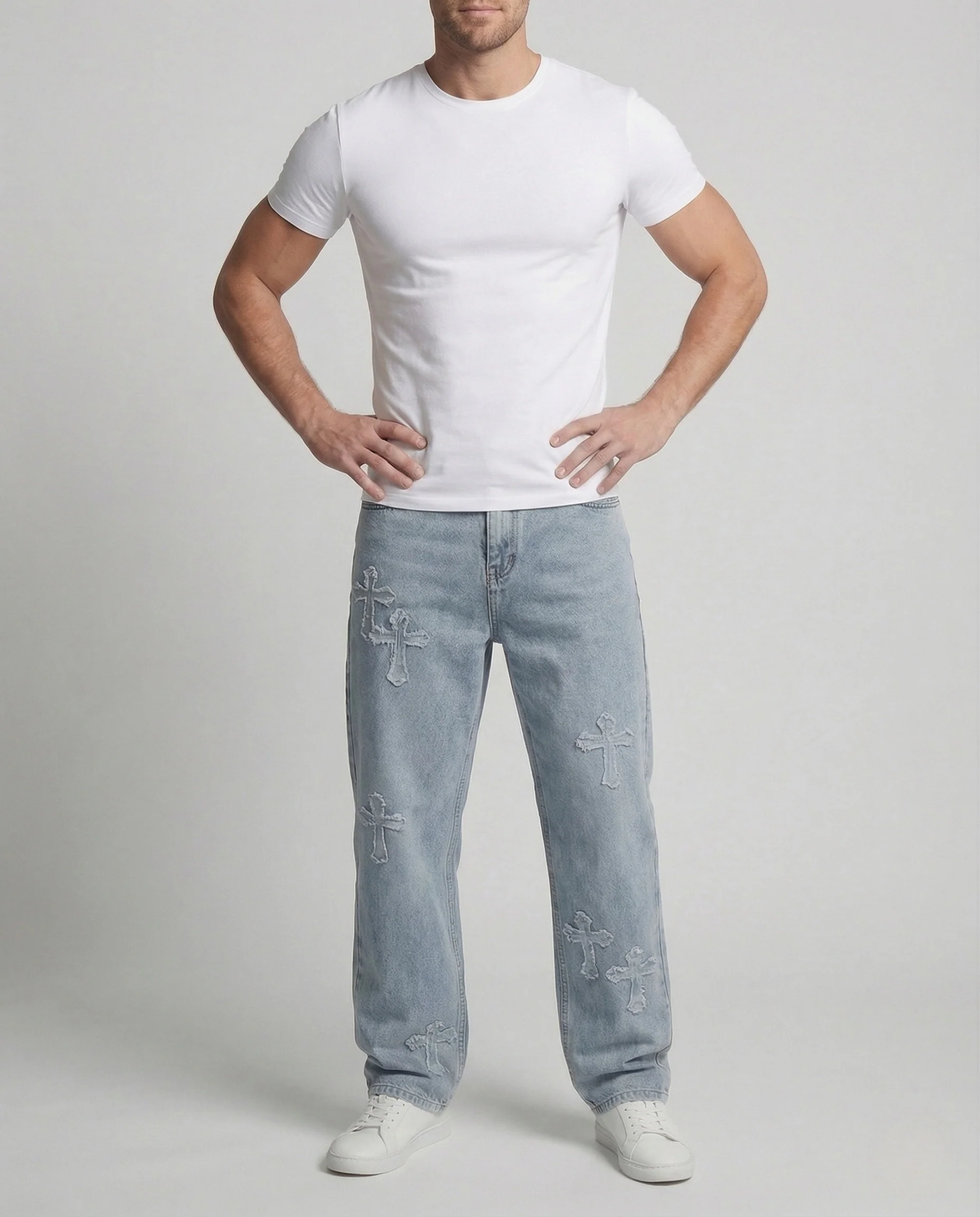 Herren Baggy Jeans mit Kreuz Applikationen Distressed Denim - Image 2
