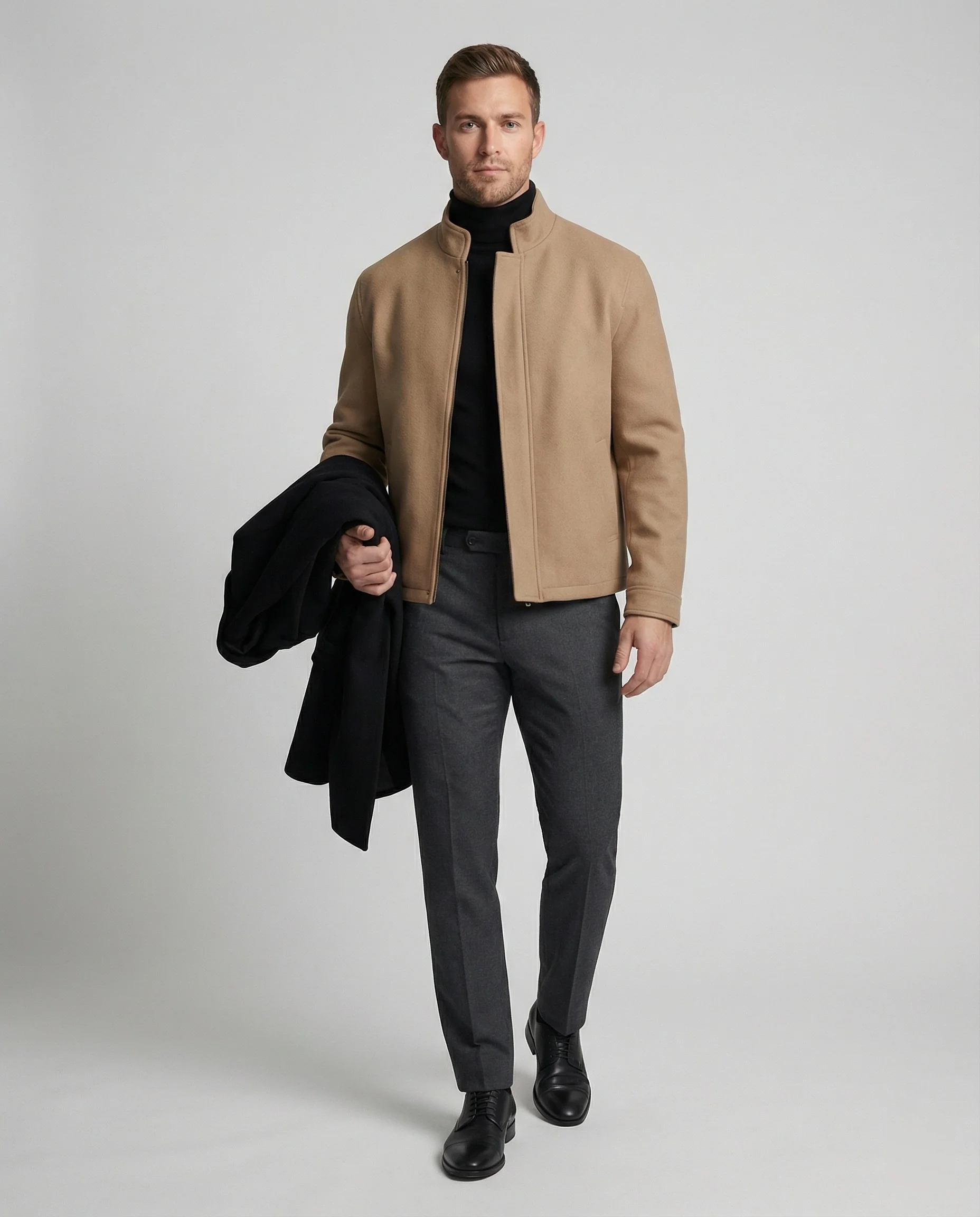 Minimalistischer Stehkragenmantel aus Wollmix mit verdecktem Verschluss und überschnittener Schulter Heidi-Mode