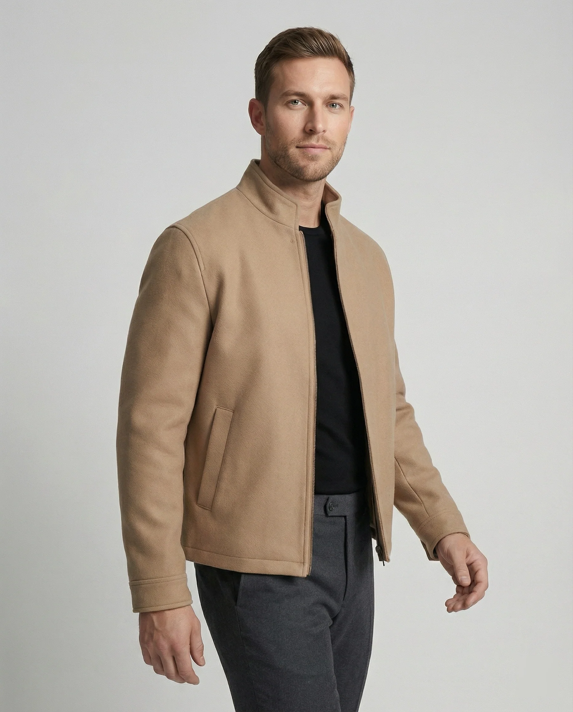 Minimalistischer Stehkragenmantel aus Wollmix mit verdecktem Verschluss und überschnittener Schulter Heidi-Mode - Image 6