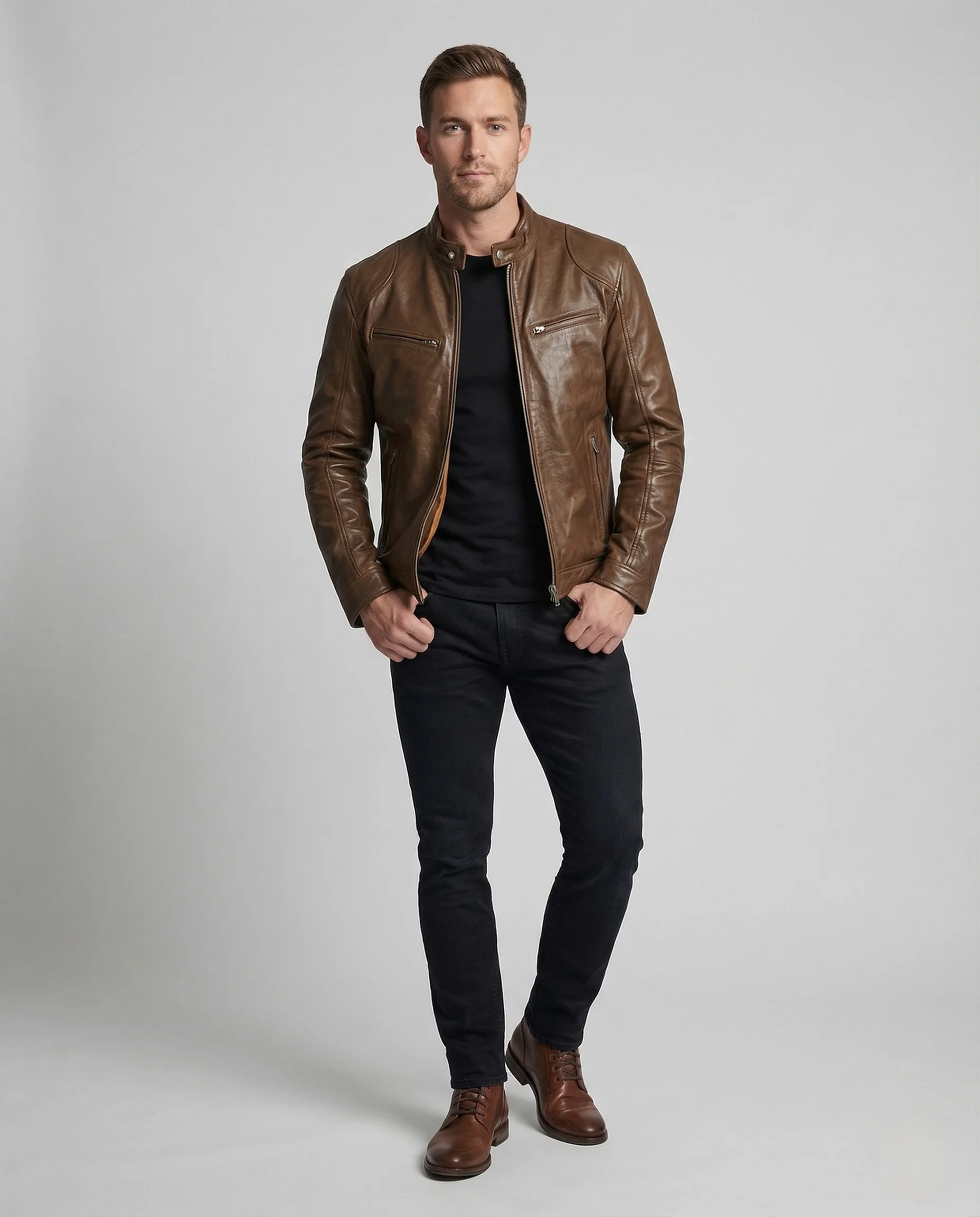Herren Leder Racerjacke Stehkragen