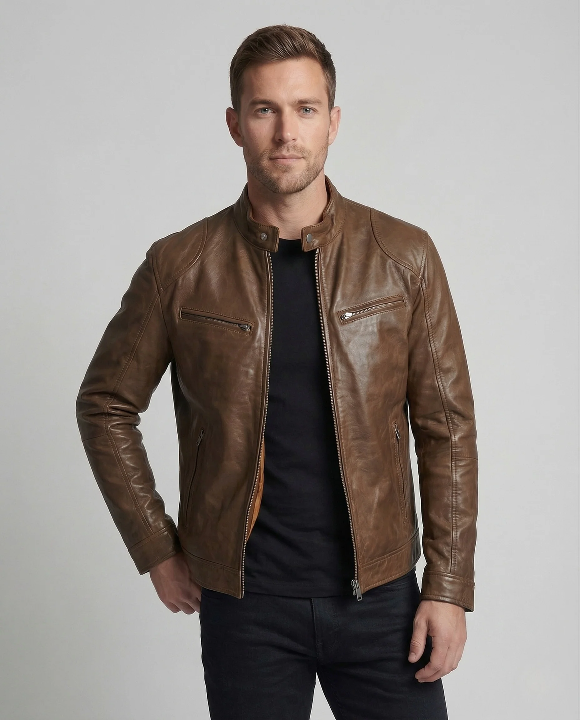 Herren Leder Racerjacke Stehkragen - Image 2