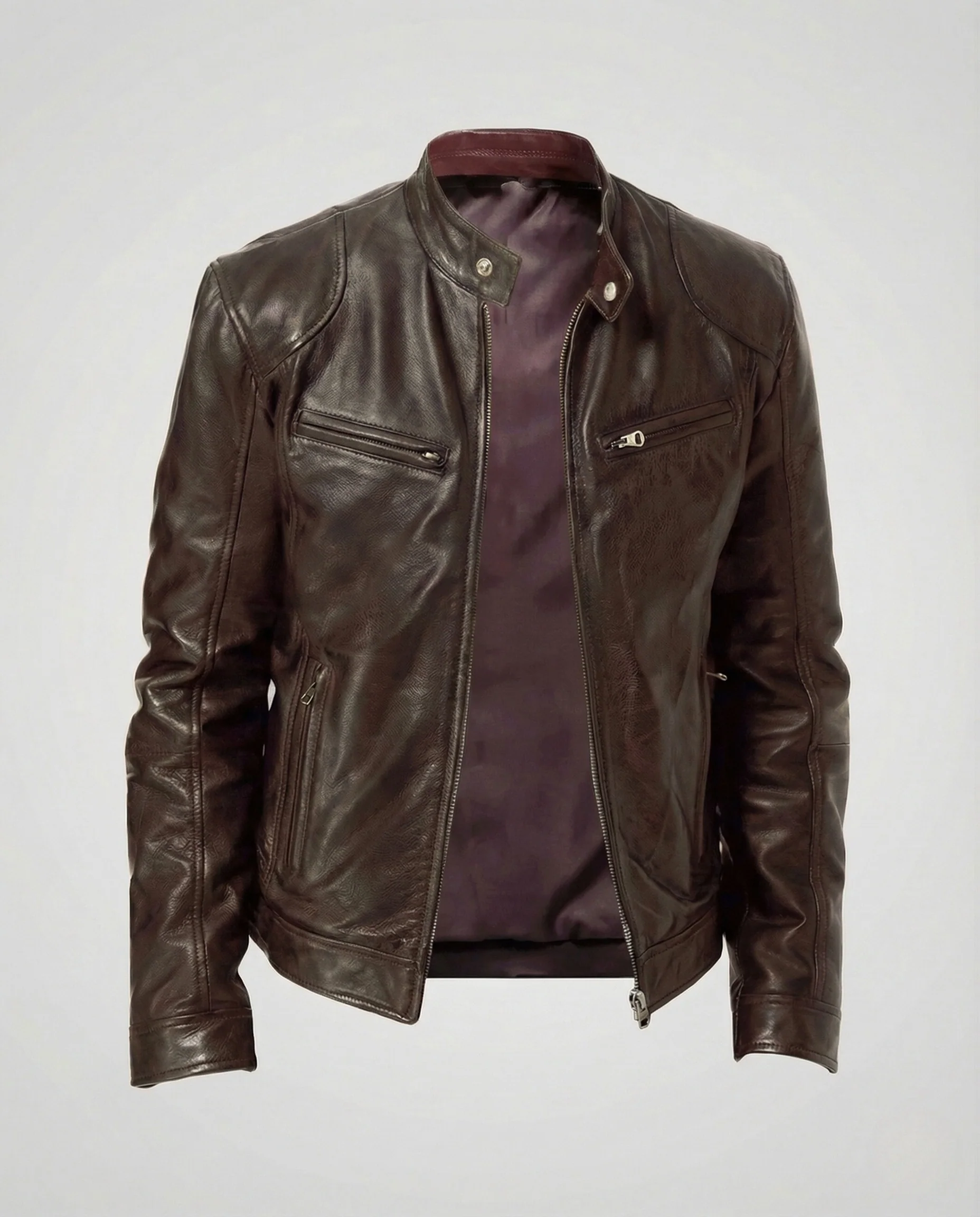 Herren Leder Racerjacke Stehkragen - Image 7