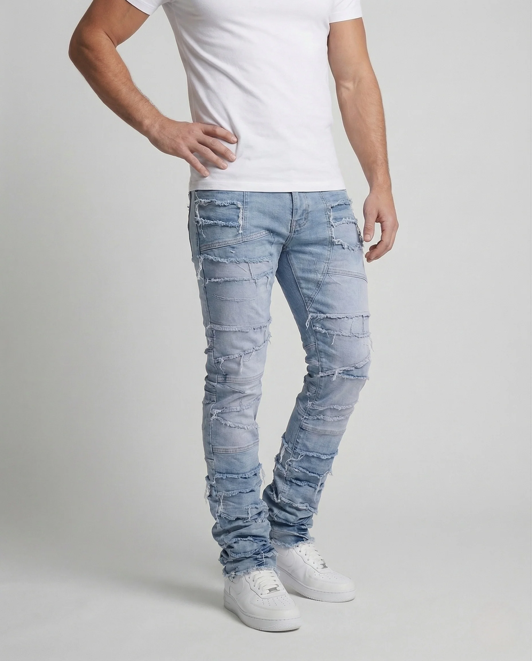 Herren Patchwork Jeans mit Fransen und schmal zulaufendem Bein
