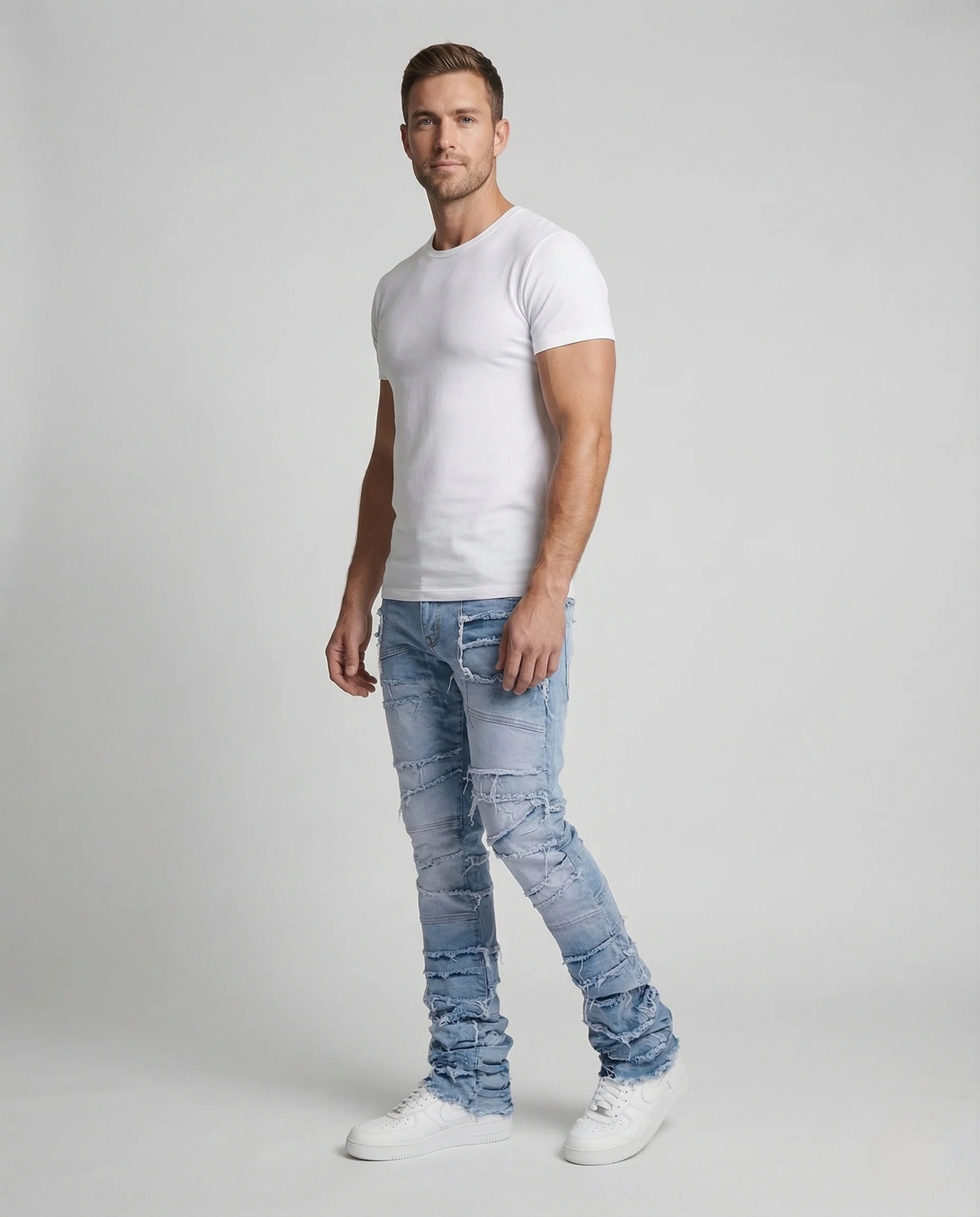 Herren Patchwork Jeans mit Fransen und schmal zulaufendem Bein - Image 2