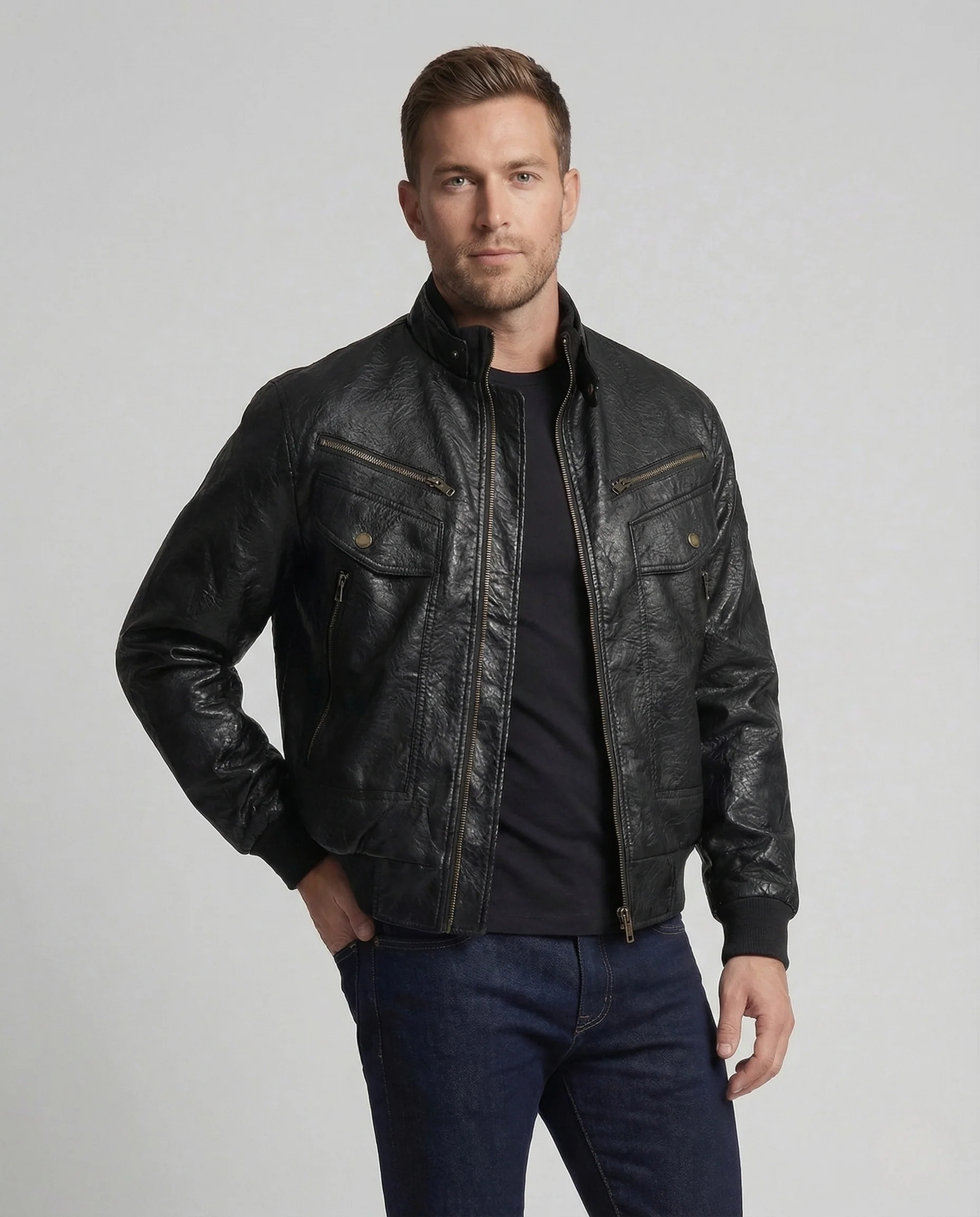 Herren Lederimitat Pilotenjacke Stehkragen - Image 2
