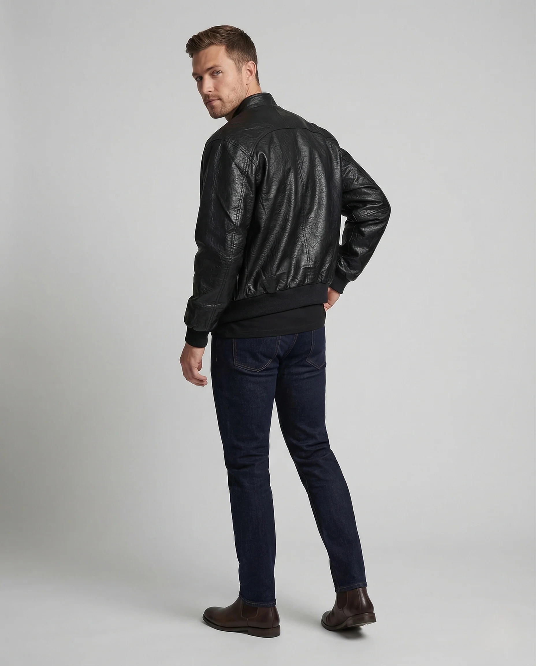 Herren Lederimitat Pilotenjacke Stehkragen - Image 4