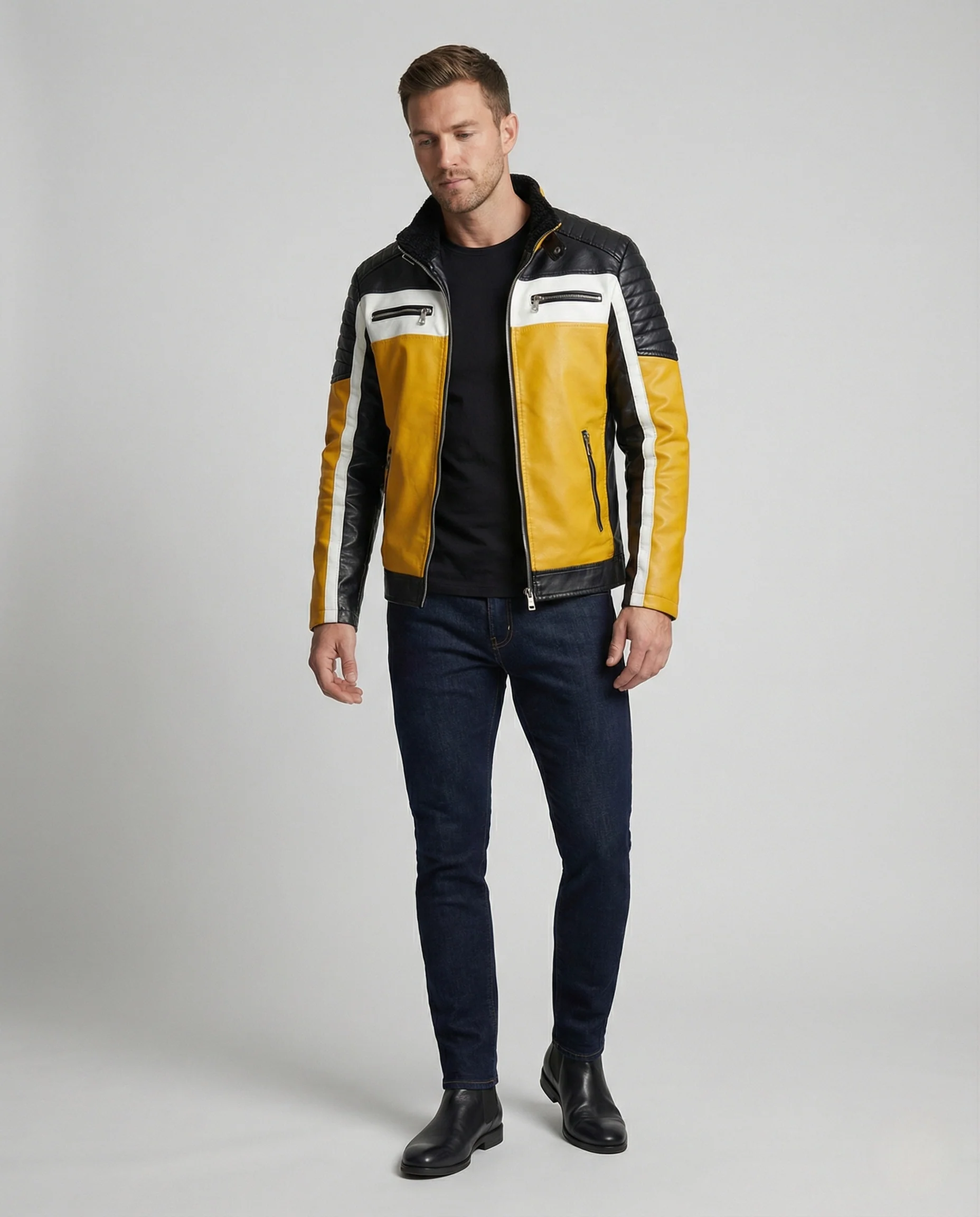 Herren Bikerjacke Kunstleder wattiert