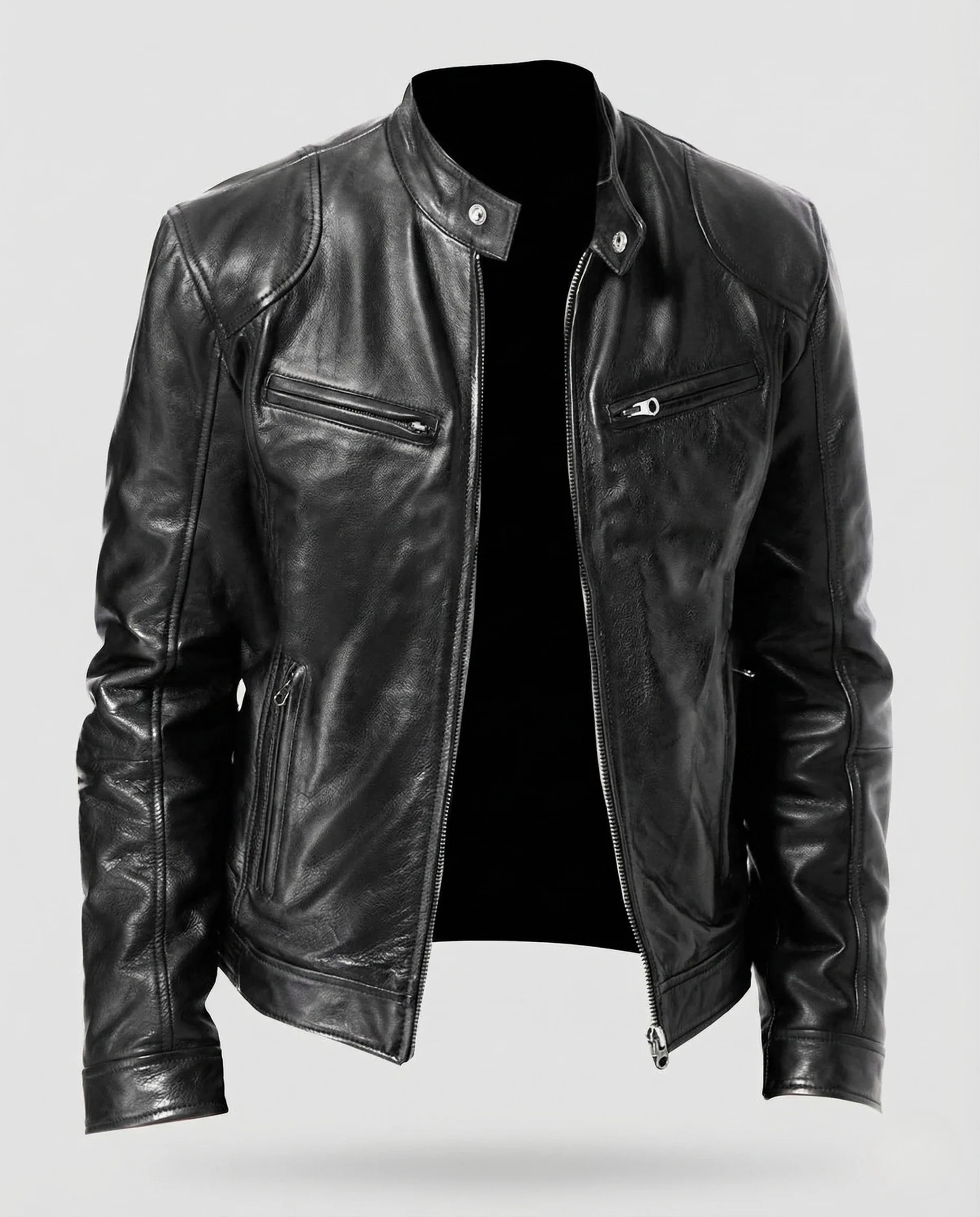 Herren Biker Lederjacke mit Stehkragen und Reißverschlusstaschen - Image 5