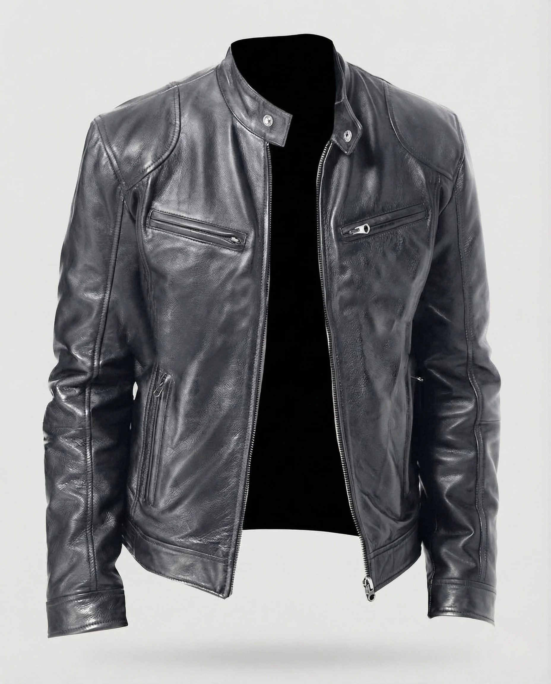 Herren Biker Lederjacke mit Stehkragen und Reißverschlusstaschen - Image 7