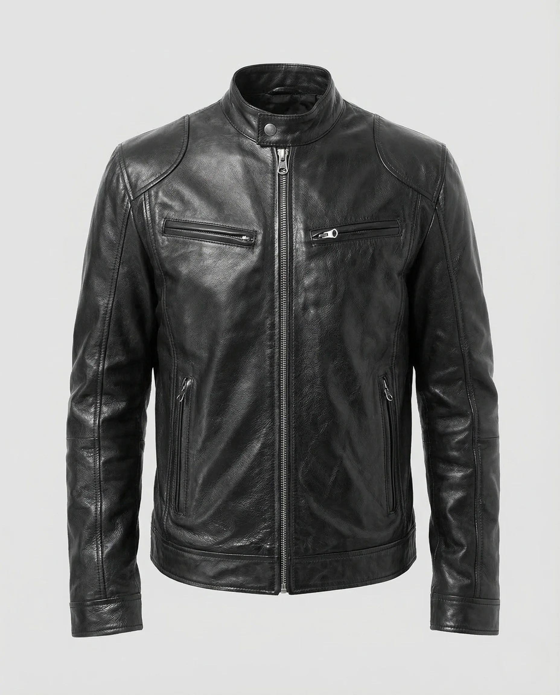 Herren Lederjacke Bikerstil Stehkragen - Image 5