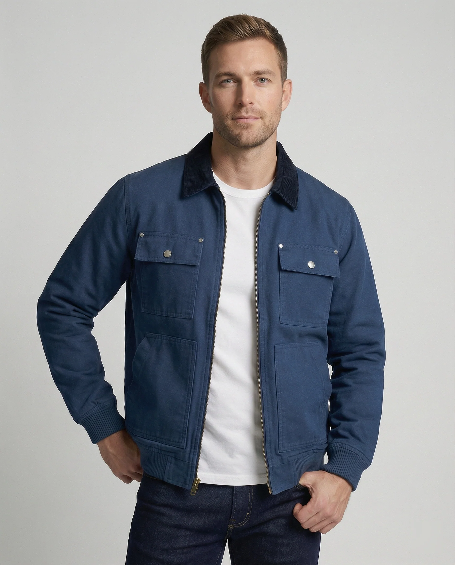 Herren robuste Worker-Jacke im Chore-Stil mit Cordkragen und aufgesetzten Pattentaschen Heidi-Mode