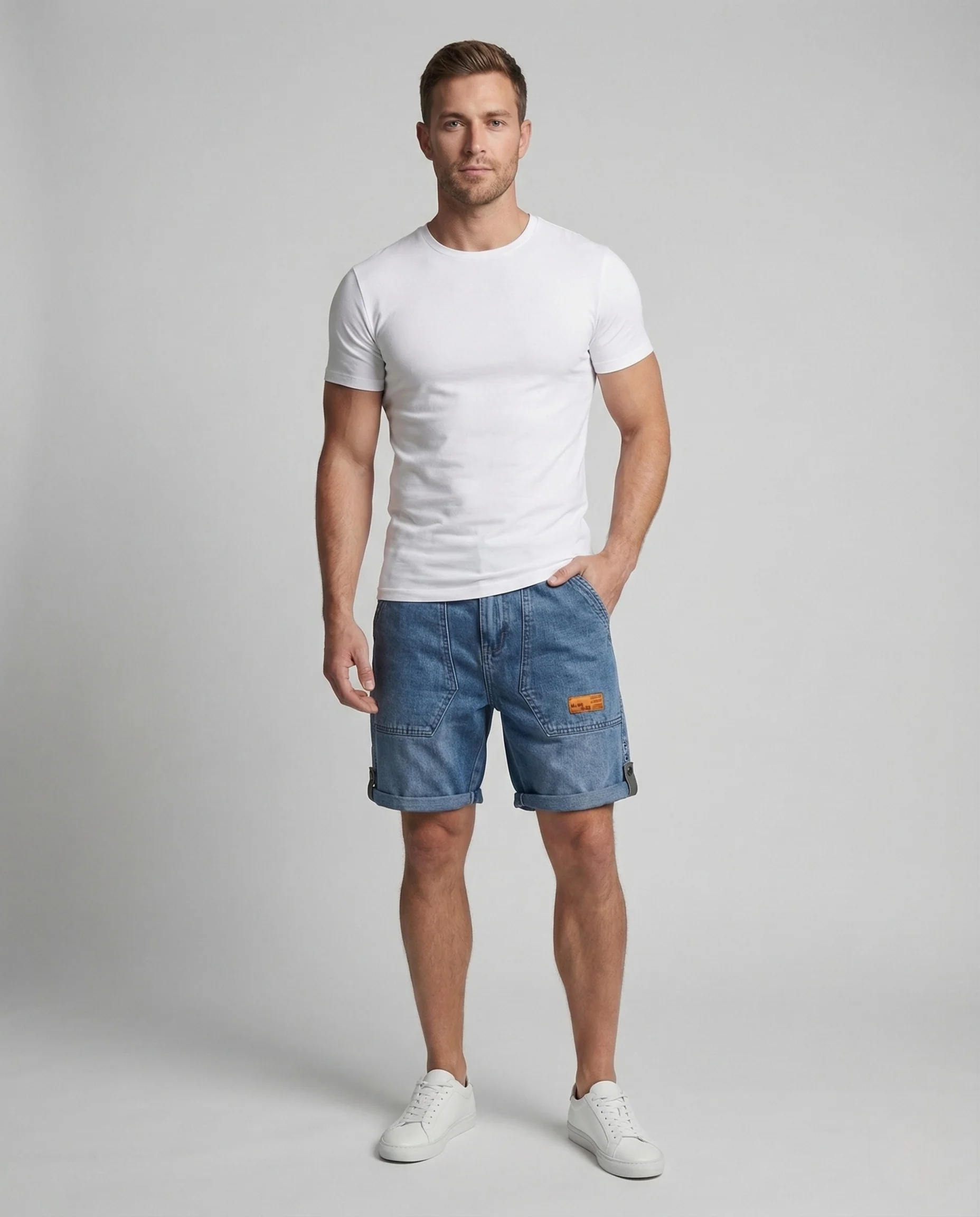 Herren Workwear Denim Shorts mit Cargotaschen und Umschlagsaum - Image 2
