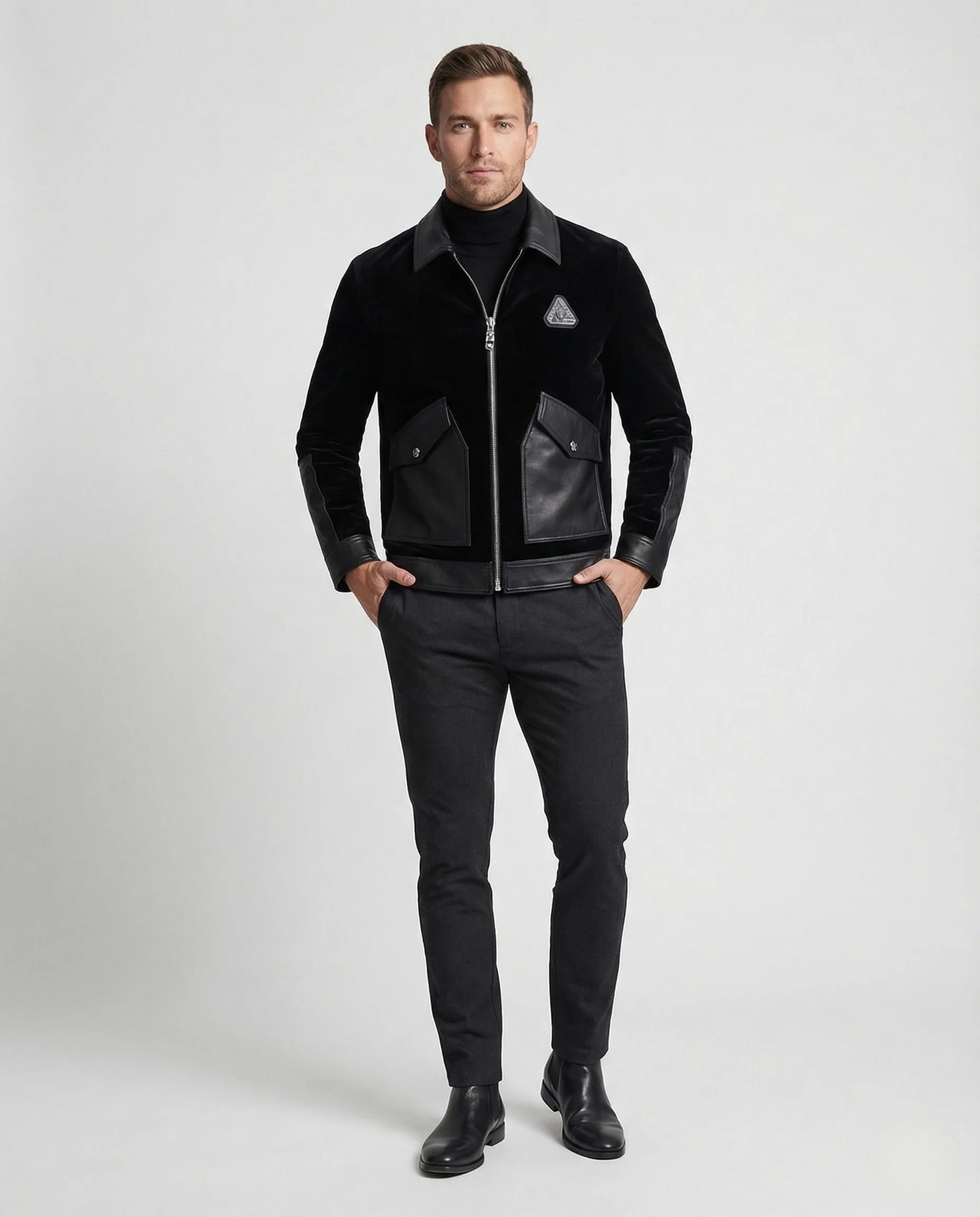 Herren Samt Blouson mit Lederbesatz