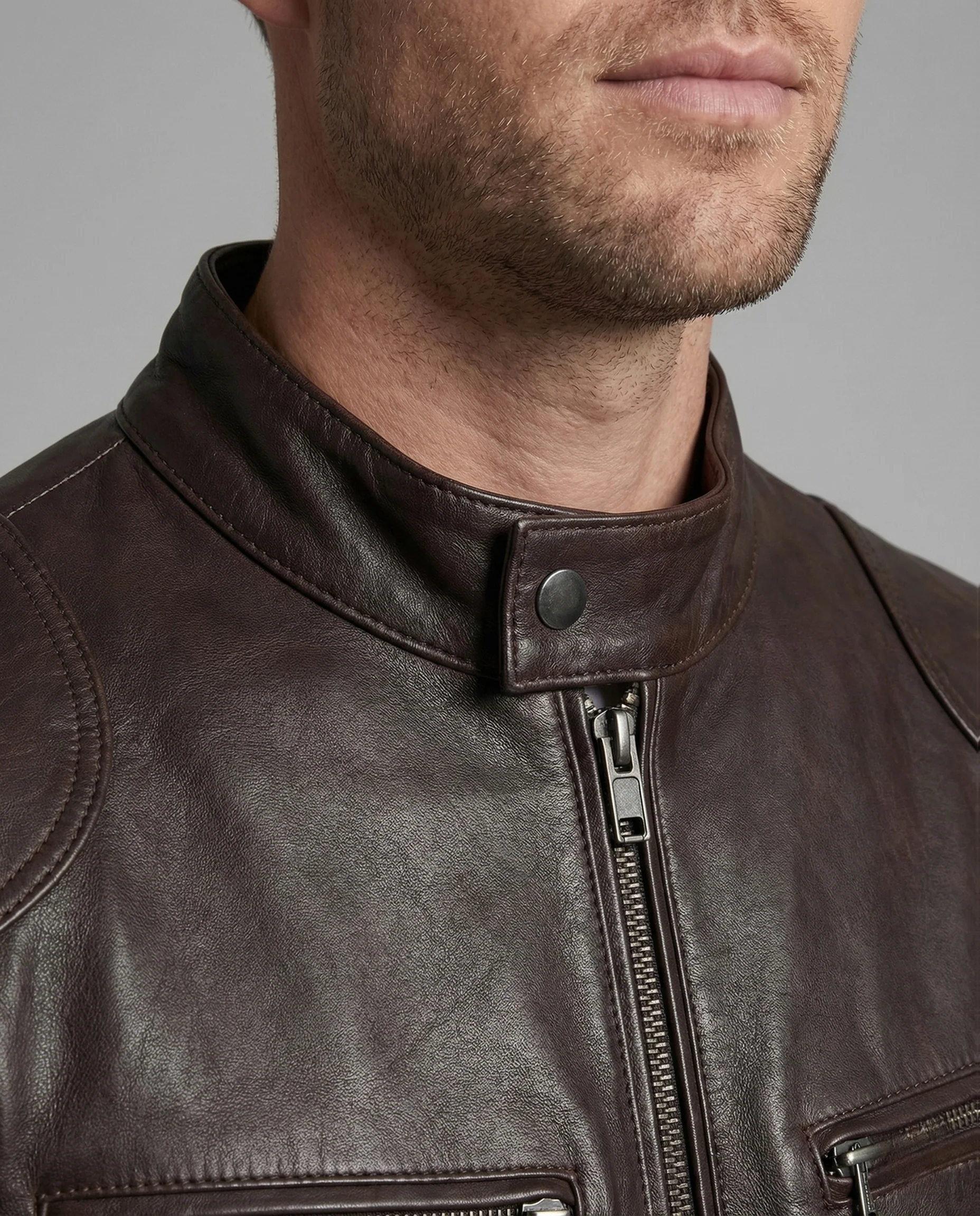 Herren Lederjacke Slim Fit Stehkragen Reißverschlusstaschen - Image 3