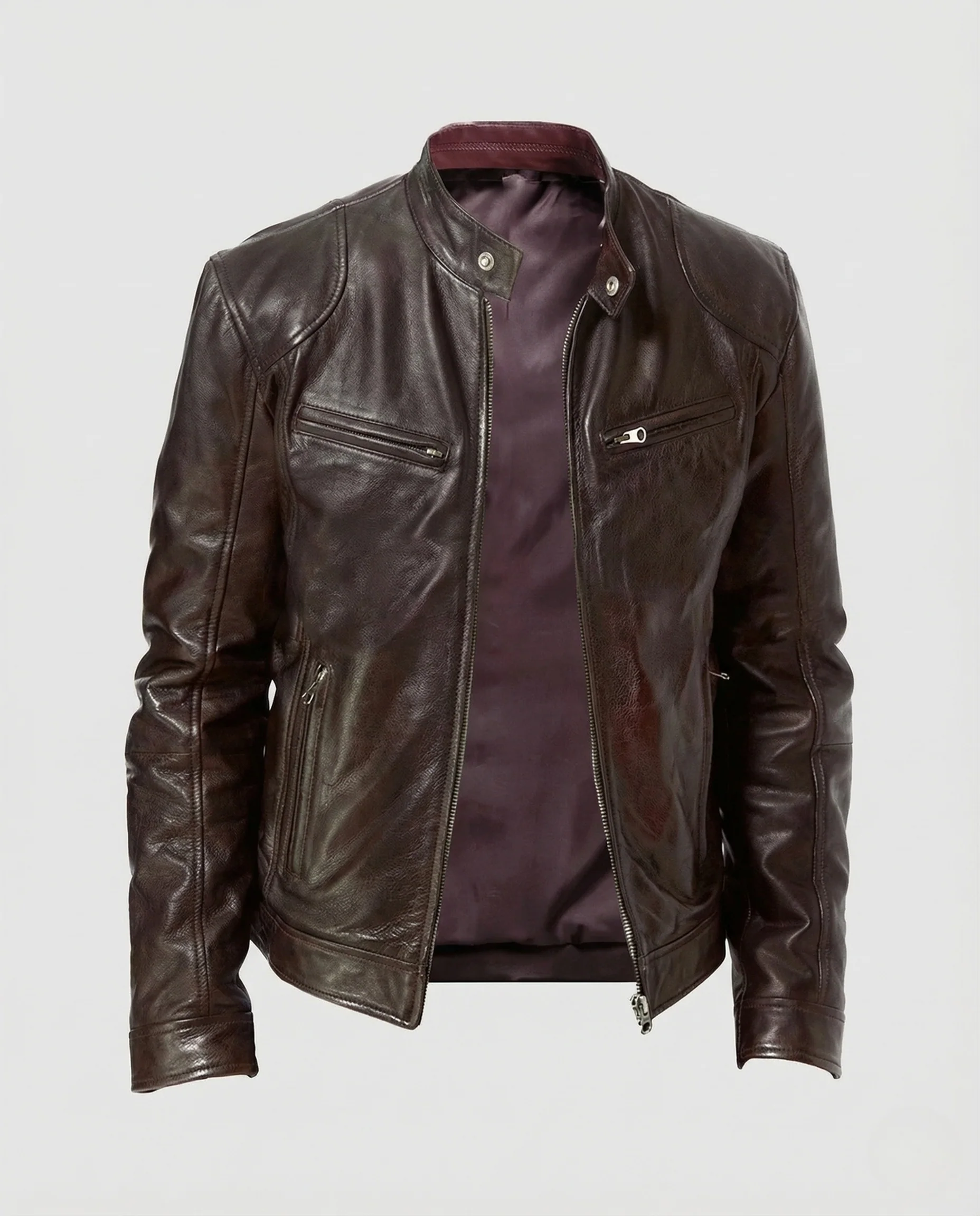 Herren Lederjacke Slim Fit Stehkragen Reißverschlusstaschen - Image 4