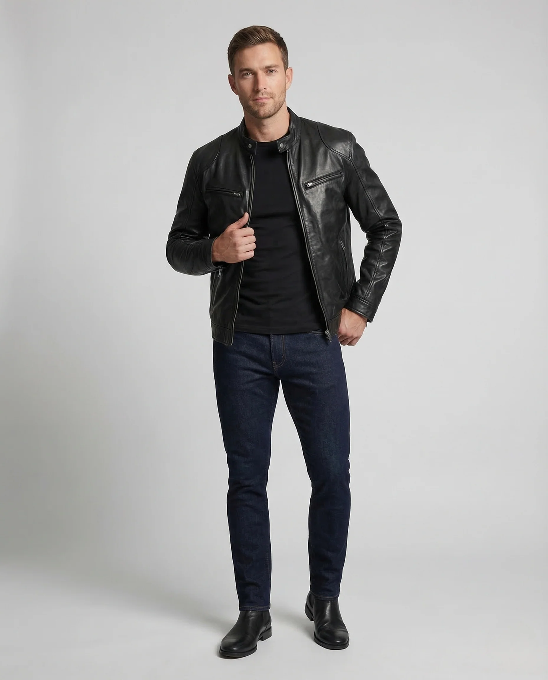 Herren Kunstleder Bikerjacke Slim