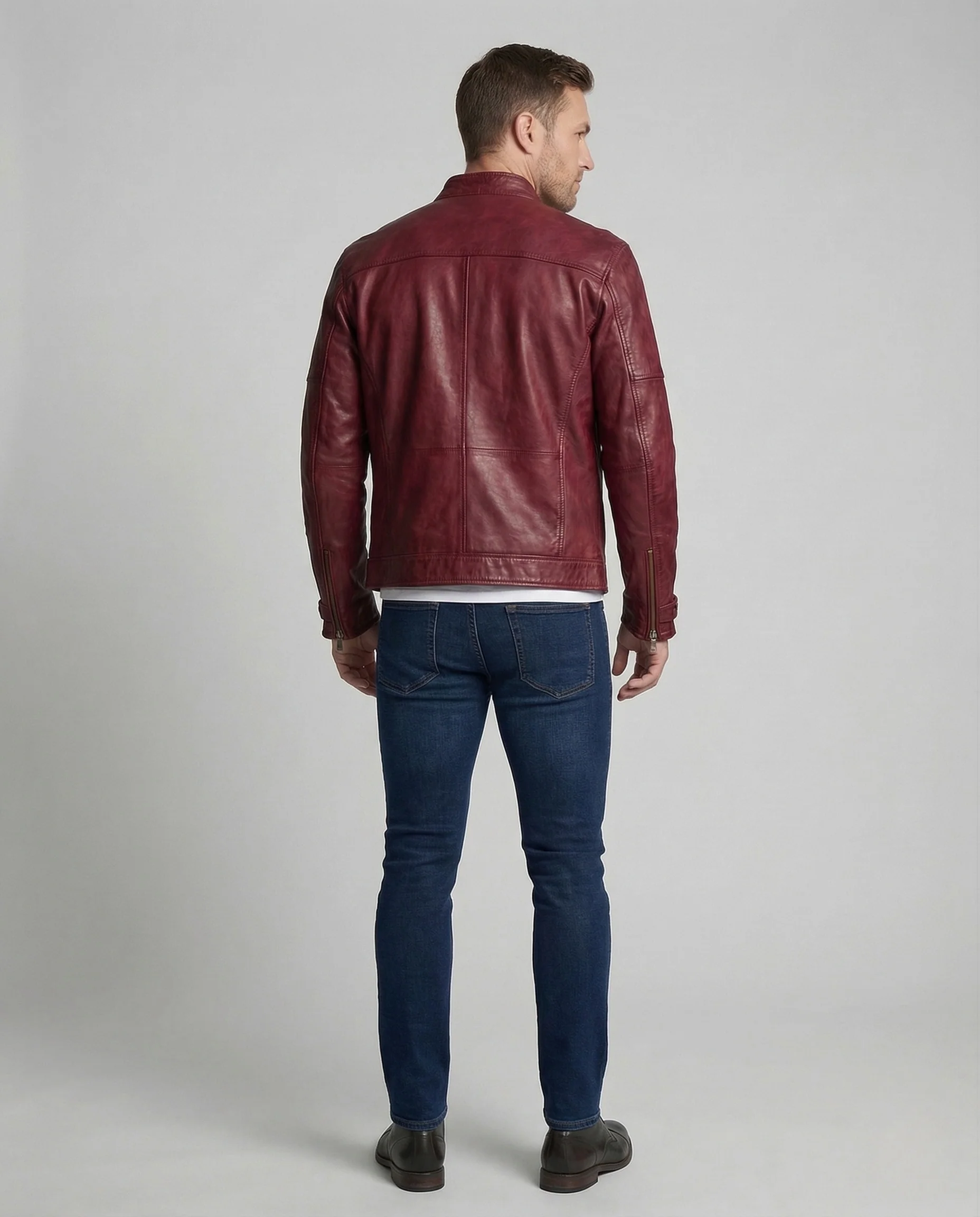 Herren Lederjacke Biker Stil Schmal Geschnitten mit Stehkragen - Image 4