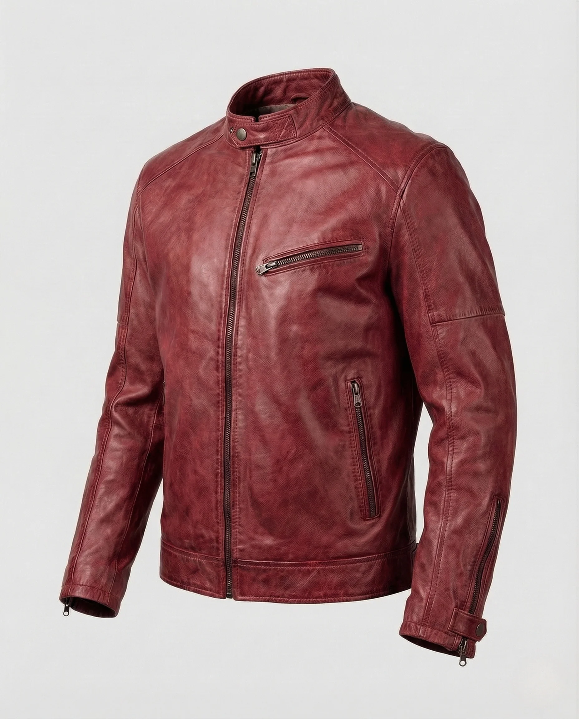 Herren Lederjacke Biker Stil Schmal Geschnitten mit Stehkragen - Image 6