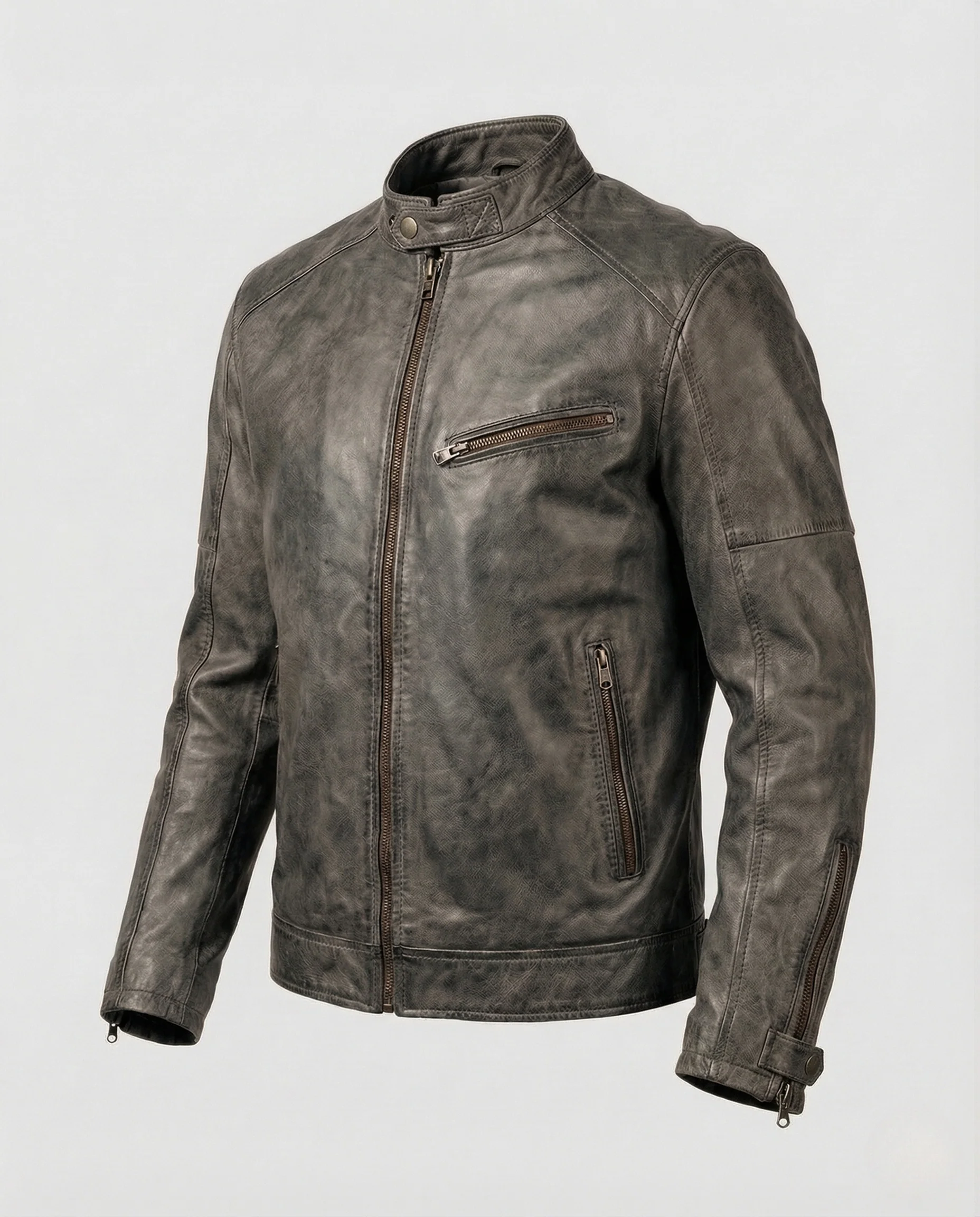 Herren Lederjacke Biker Stil Schmal Geschnitten mit Stehkragen - Image 8