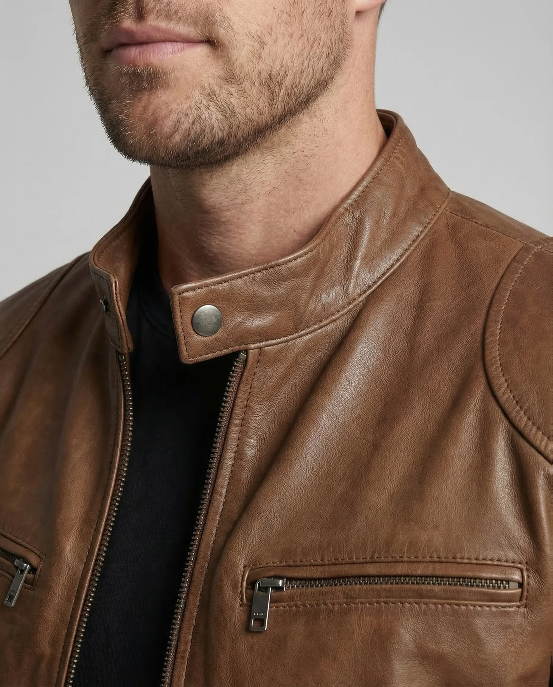 Herren Leder Bikerjacke Stehkragen - Image 3