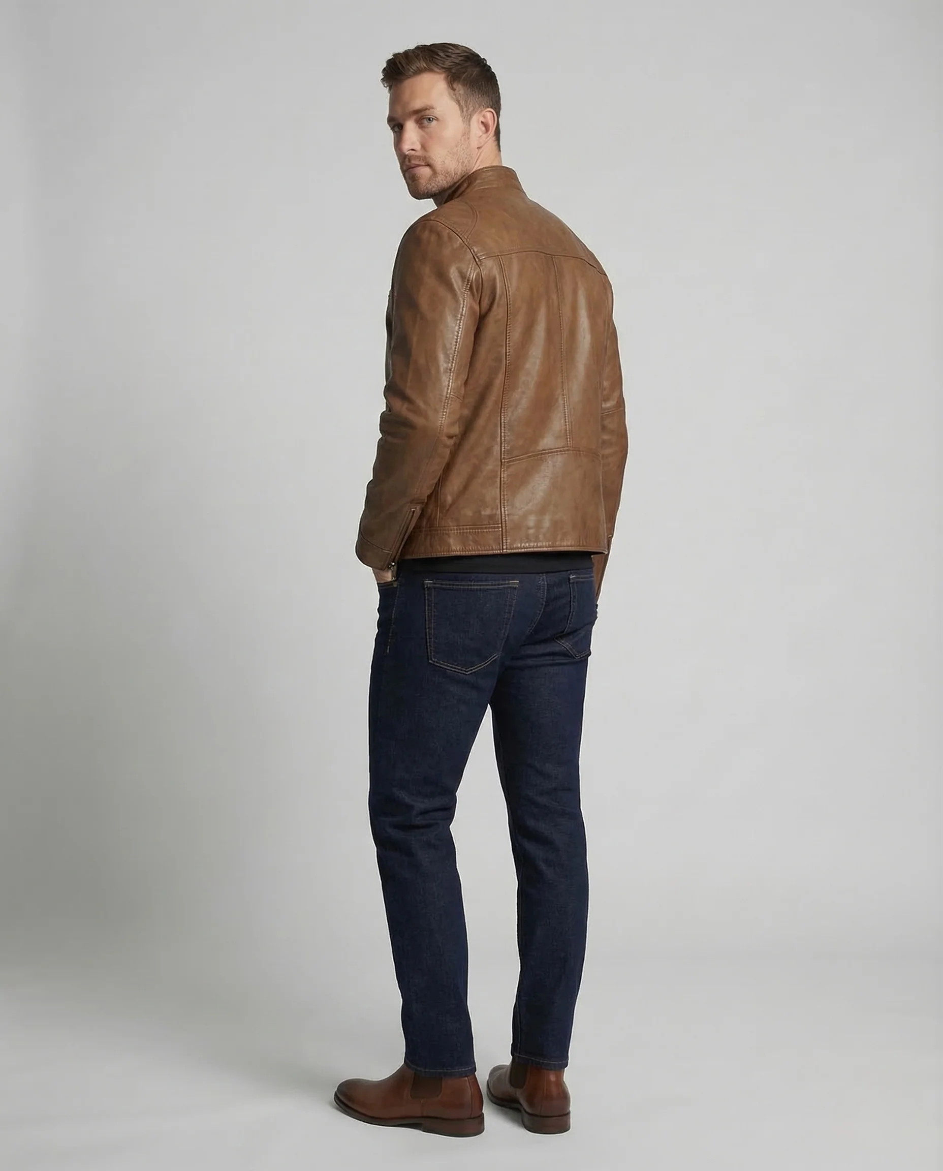 Herren Leder Bikerjacke Stehkragen - Image 4