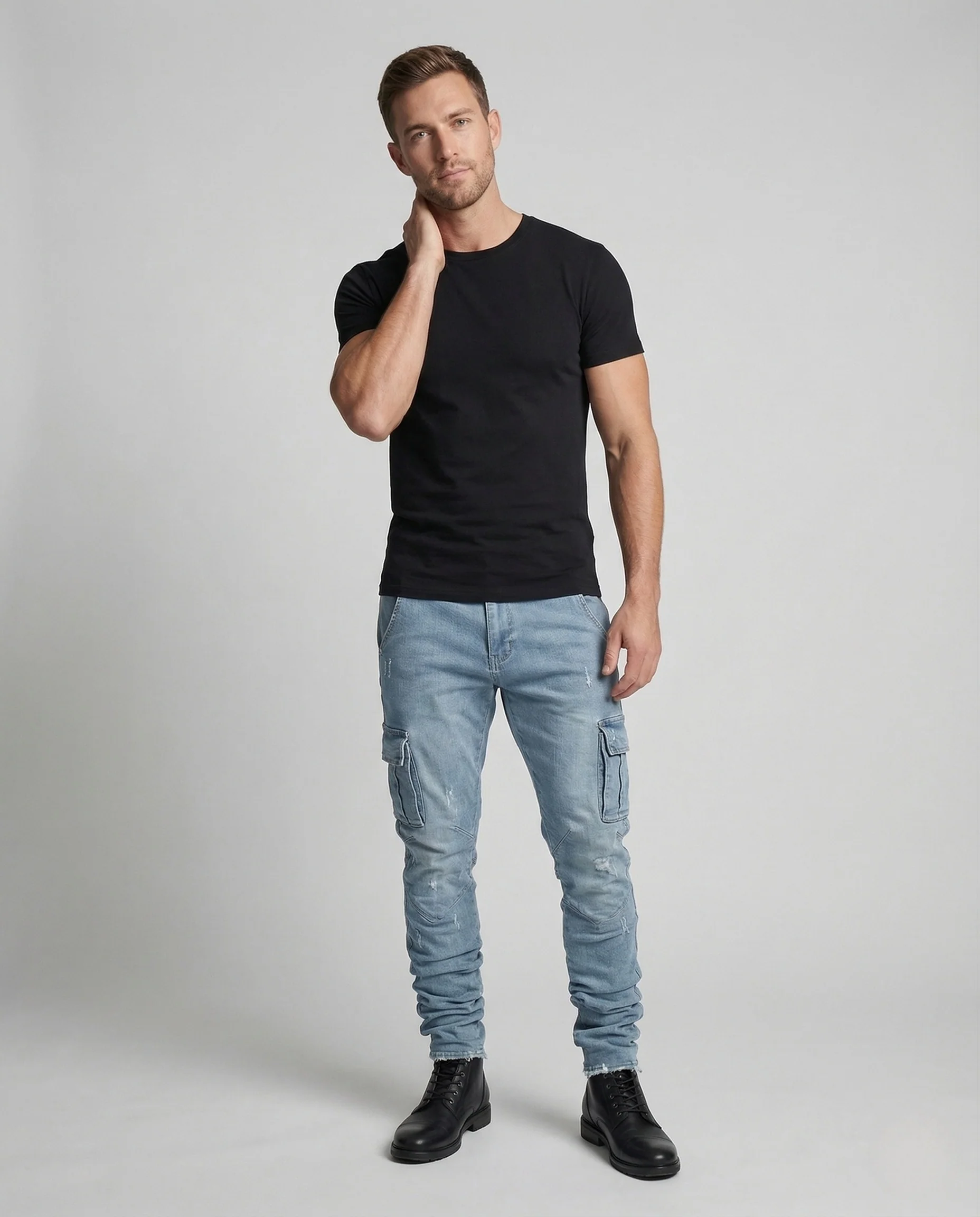 Herren Slim Fit Cargo Jeans mit Aufgesetzten Taschen