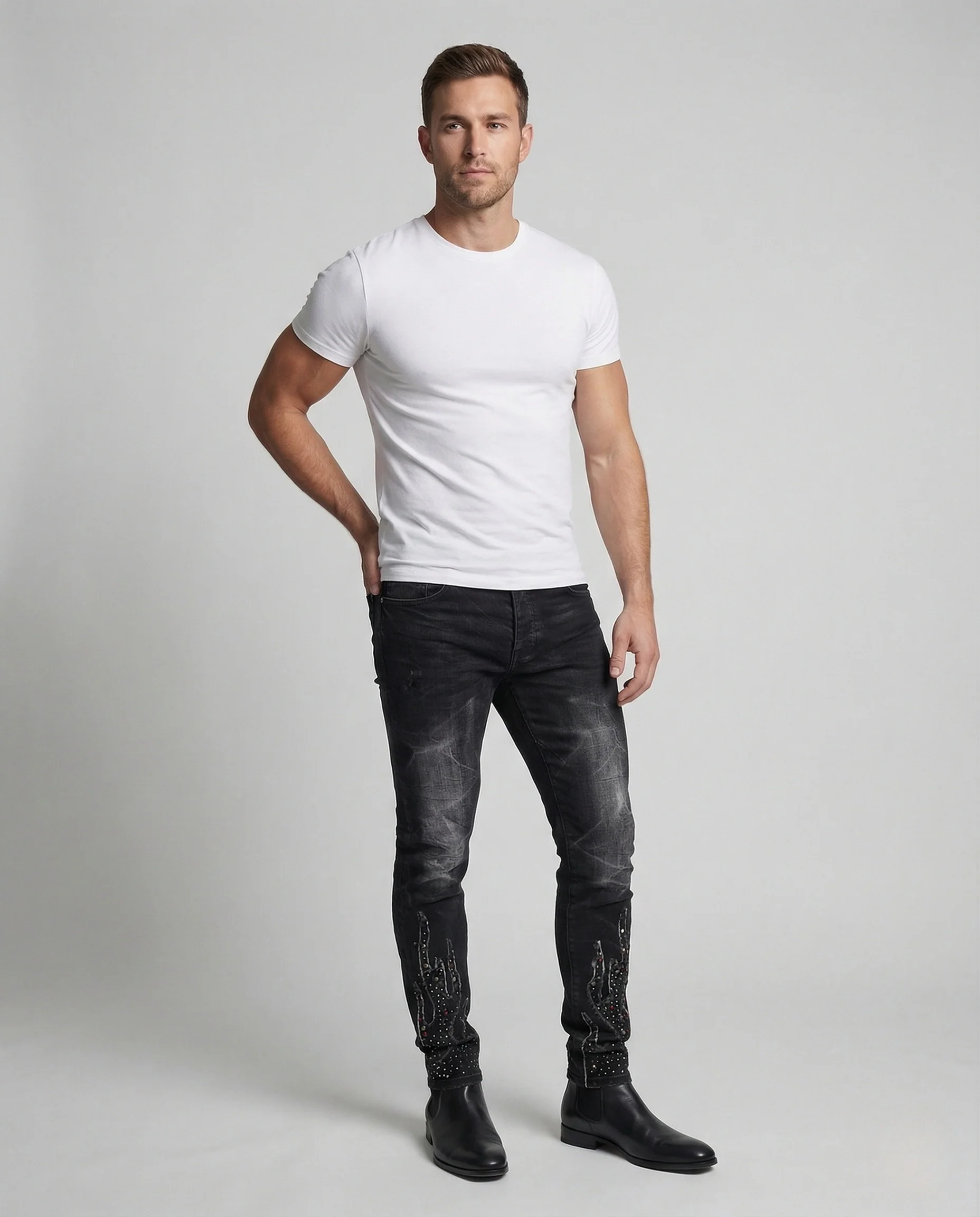 Herren Slim Jeans mit Flammenprint & Strass