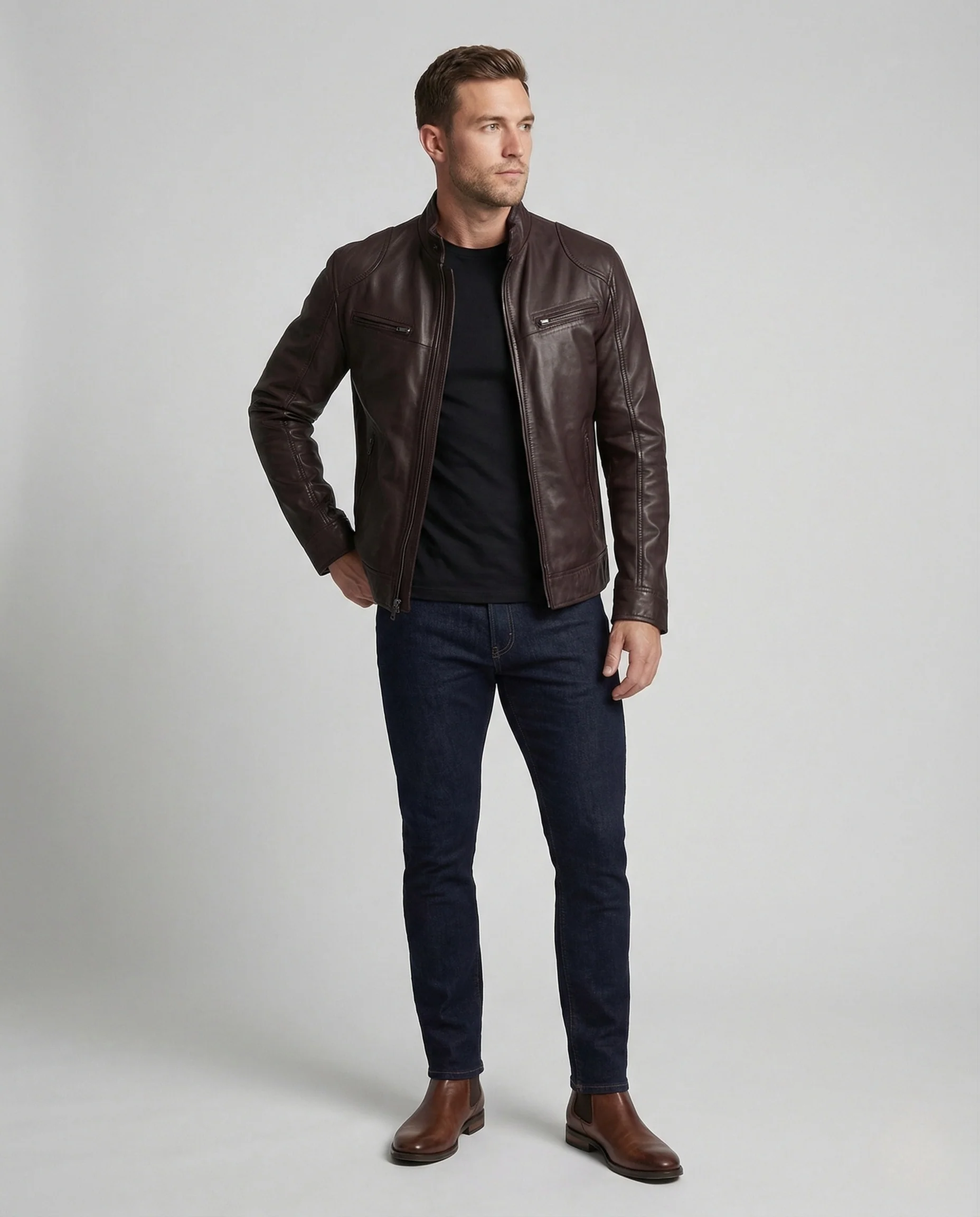 Herren Nappaleder Motorradjacke mit Stehkragen