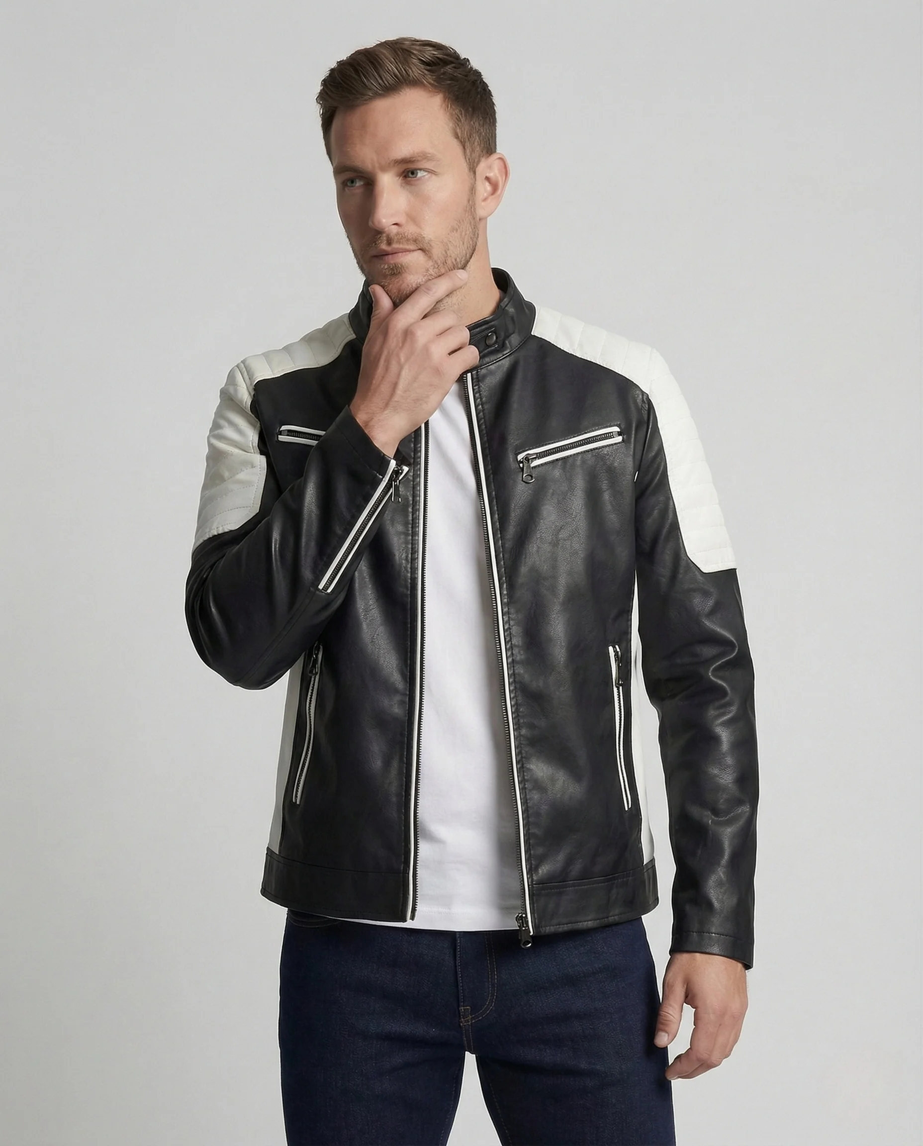 Herren Kunstleder Bikerblouson mit Steppung