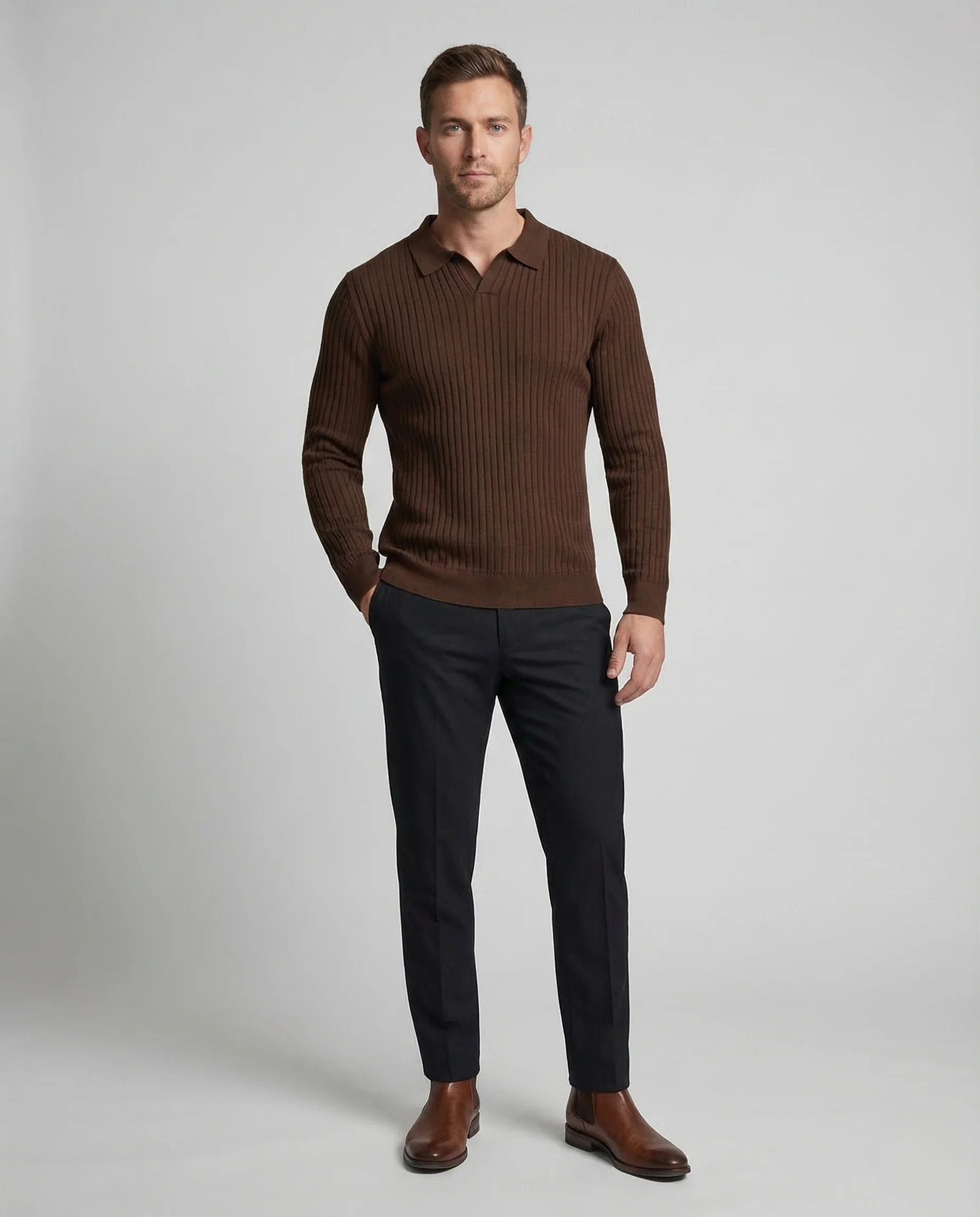 Herren Rippenstrick Polo Kentkragen