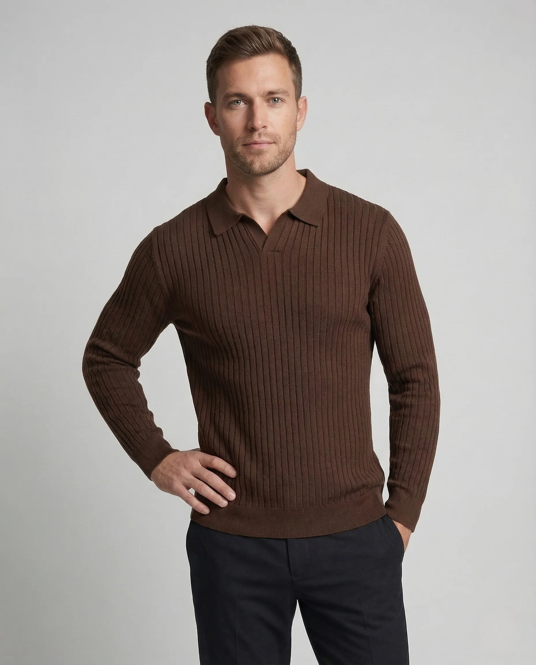 Herren Rippenstrick Polo Kentkragen - Image 2
