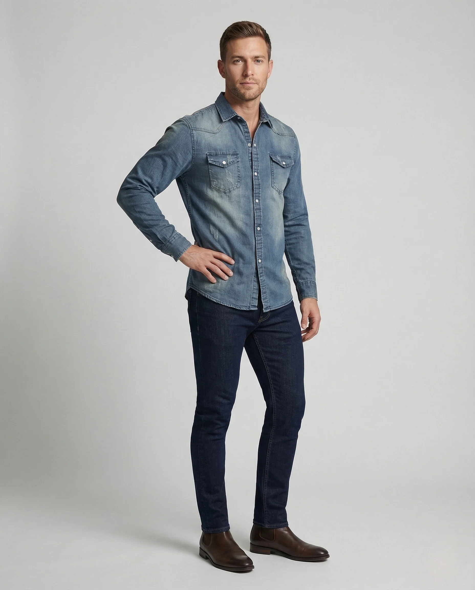 Herren Slim Denim Hemd mit Druckknopfleiste