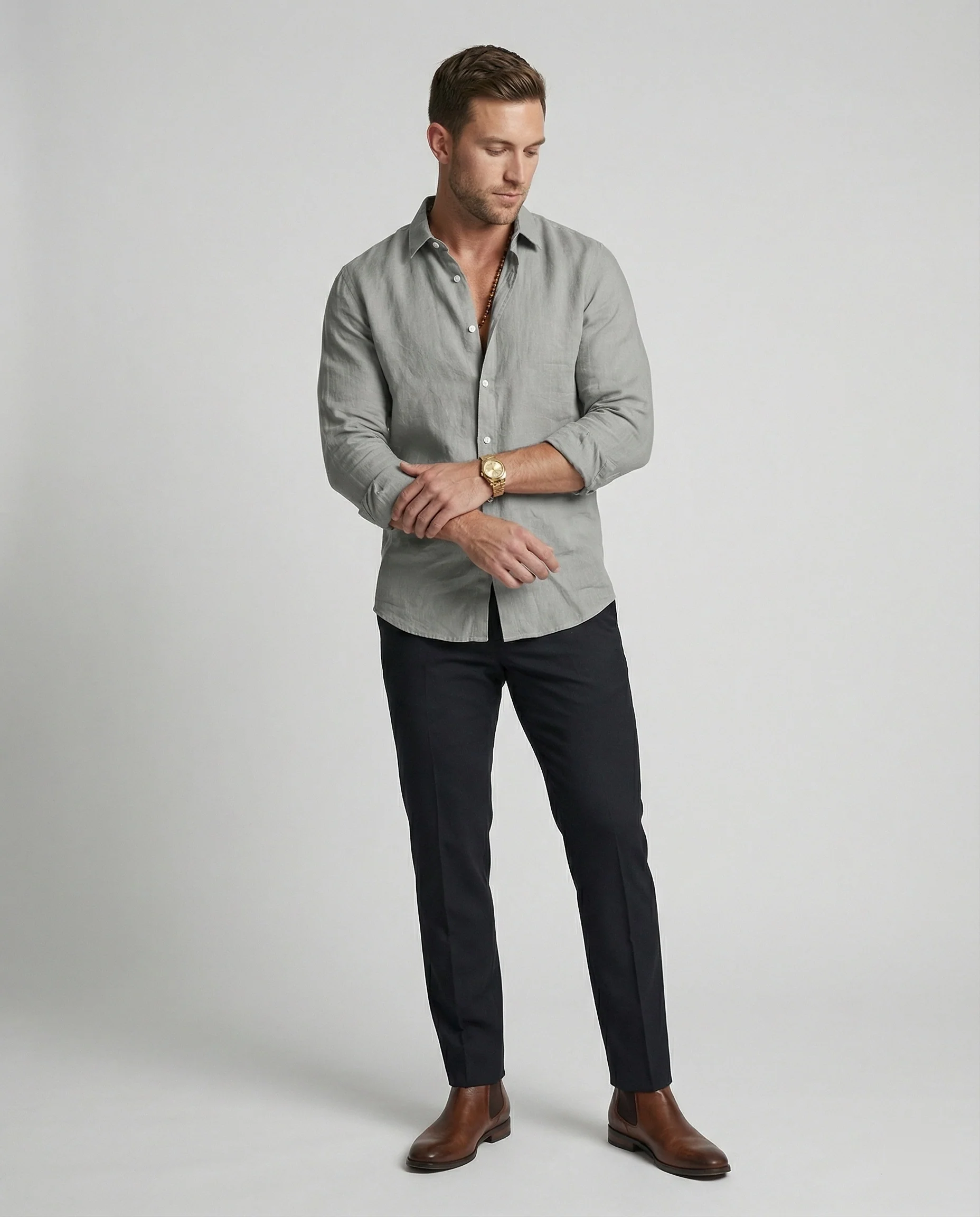 Herren Leinenhemd Sommer Mao Kragen - Image 3