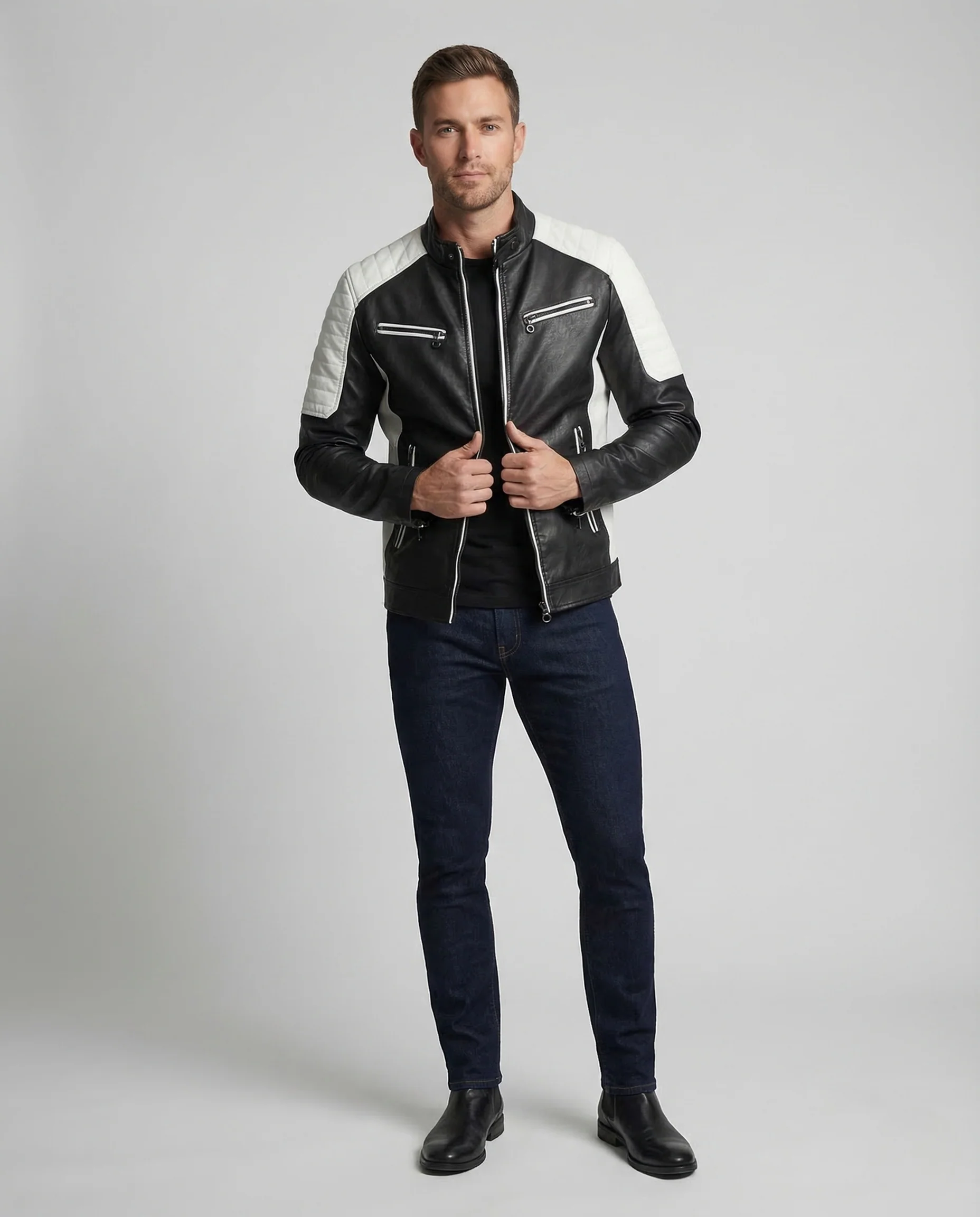 Herren Kunstleder Bikerjacke Steppschulter