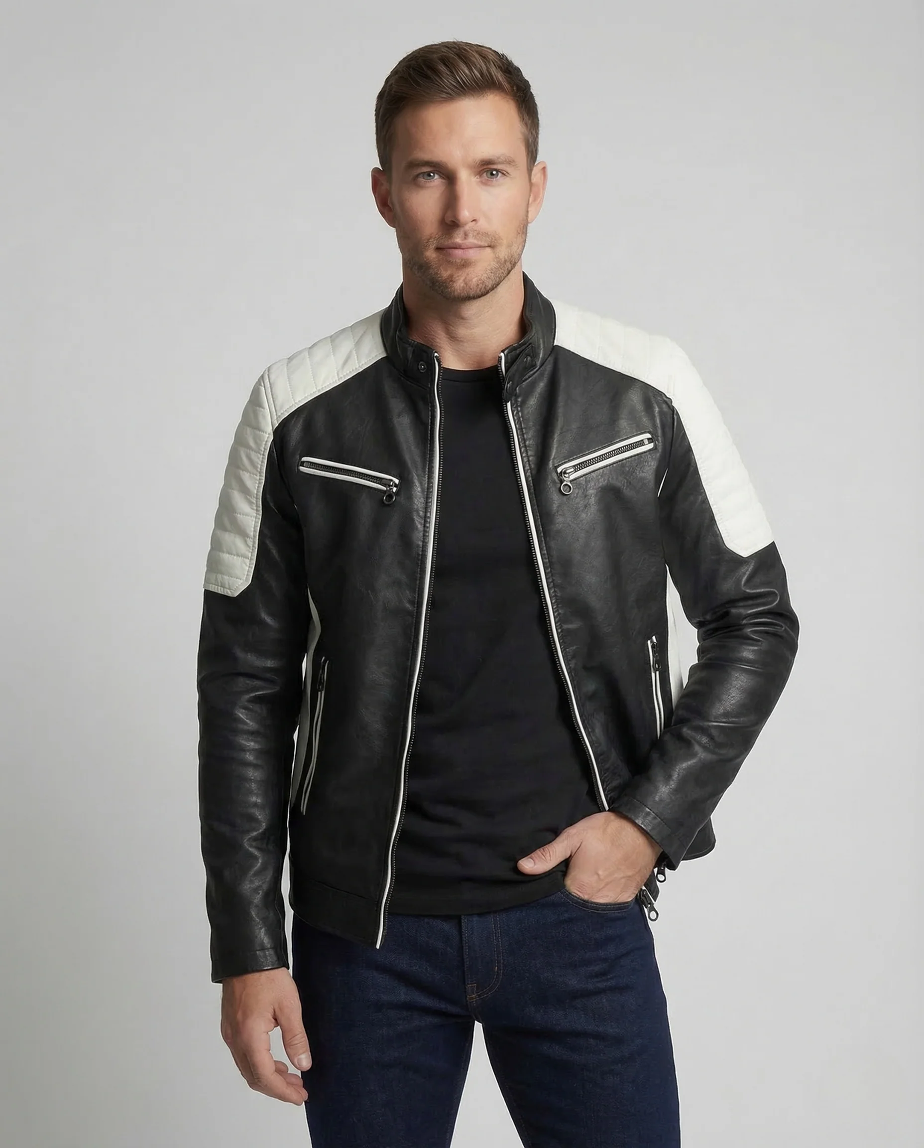 Herren Kunstleder Bikerjacke Steppschulter - Image 2