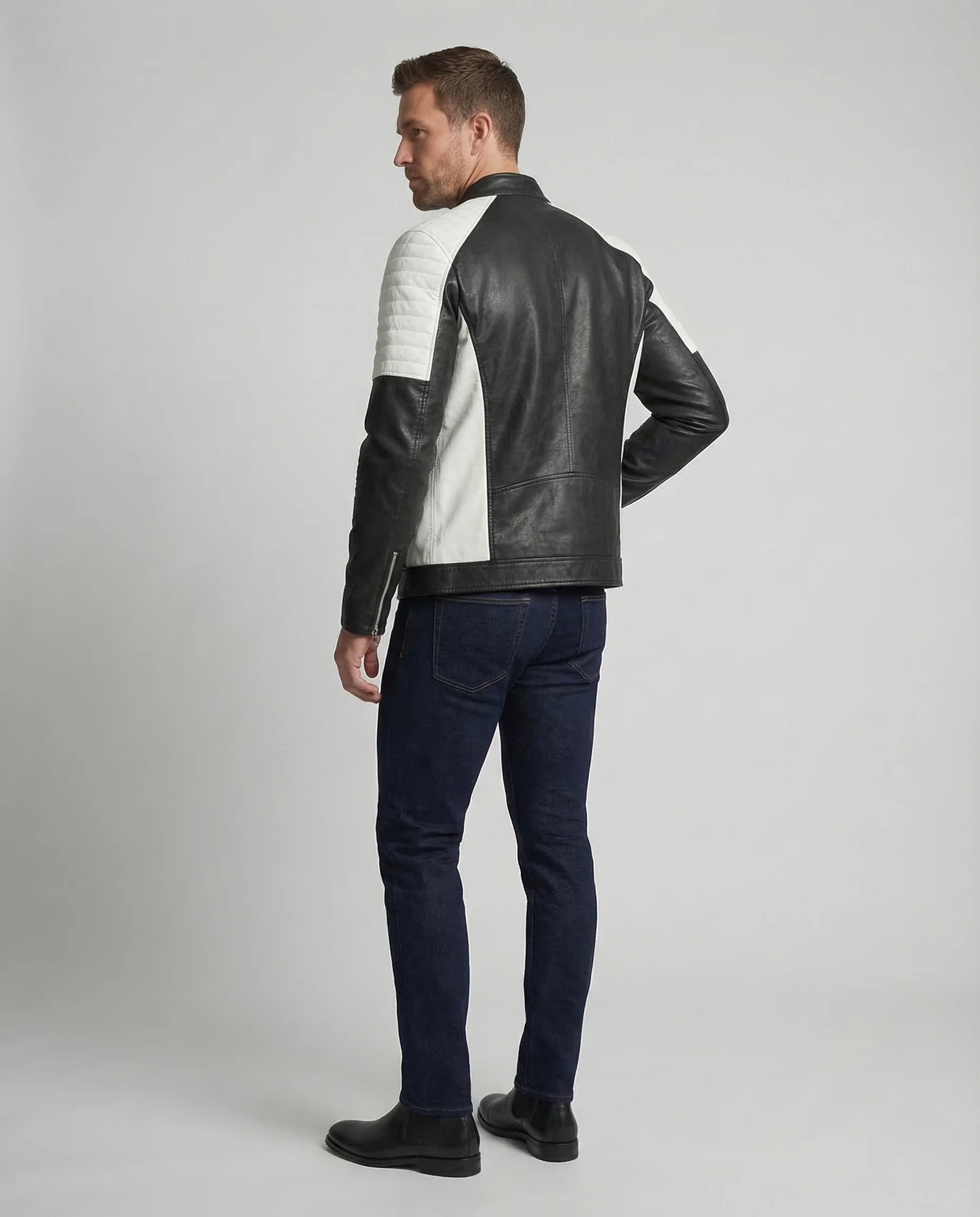 Herren Kunstleder Bikerjacke Steppschulter - Image 4