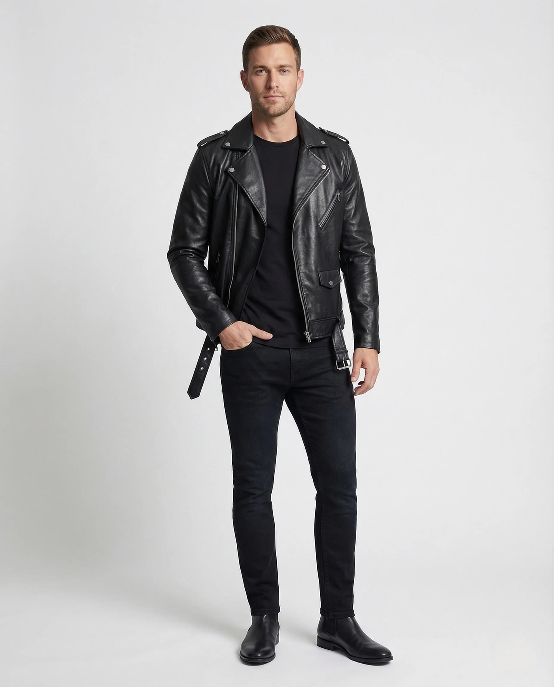 Herren Bikerjacke Kunstleder Tailliert