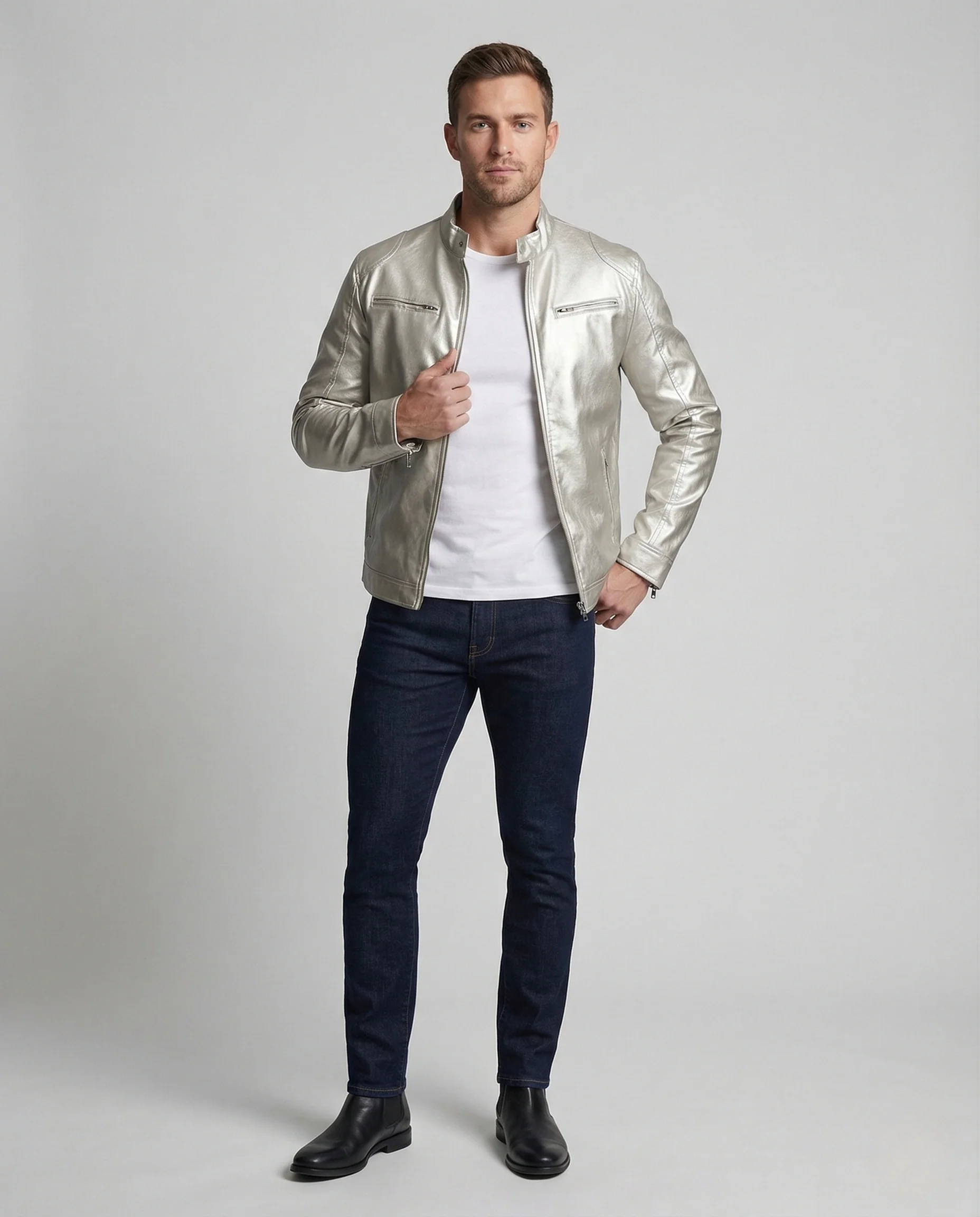 Herren Kunstleder Bikerjacke tailliert