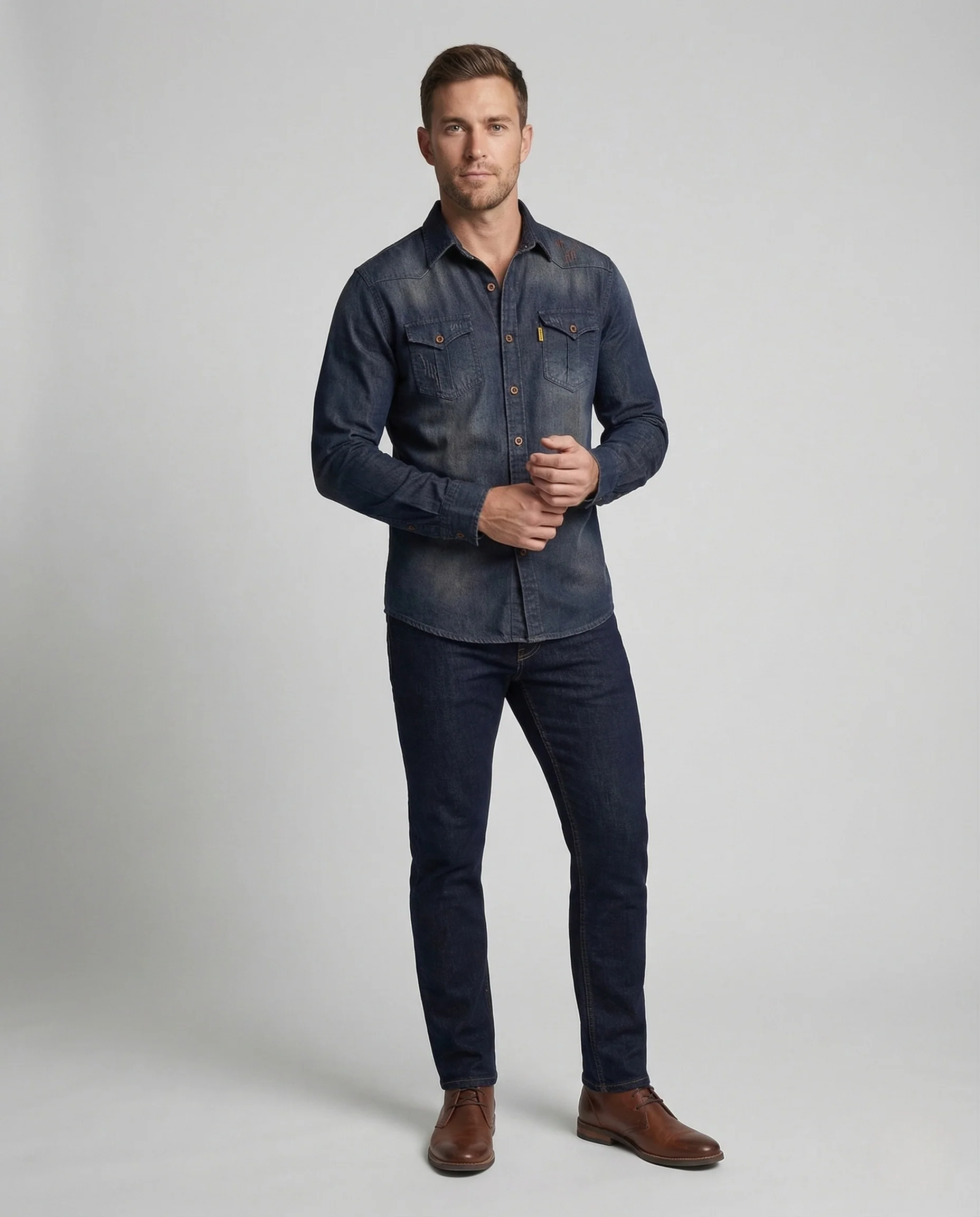 Herren Denimhemd Slim Fit Brusttaschen Kentkragen