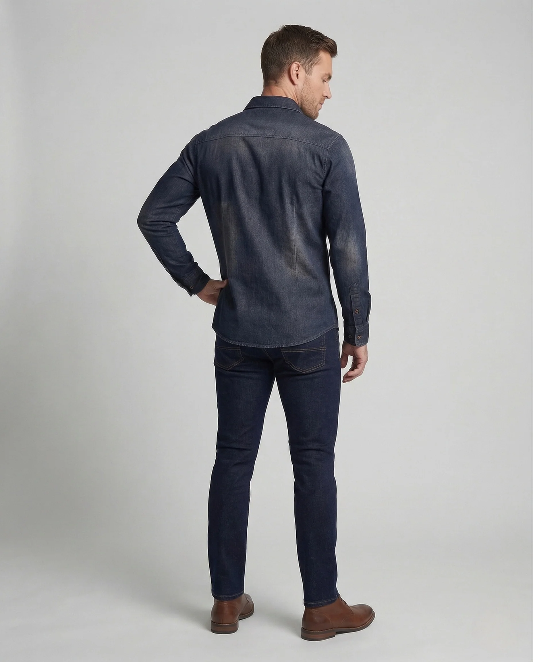 Herren Denimhemd Slim Fit Brusttaschen Kentkragen - Image 3