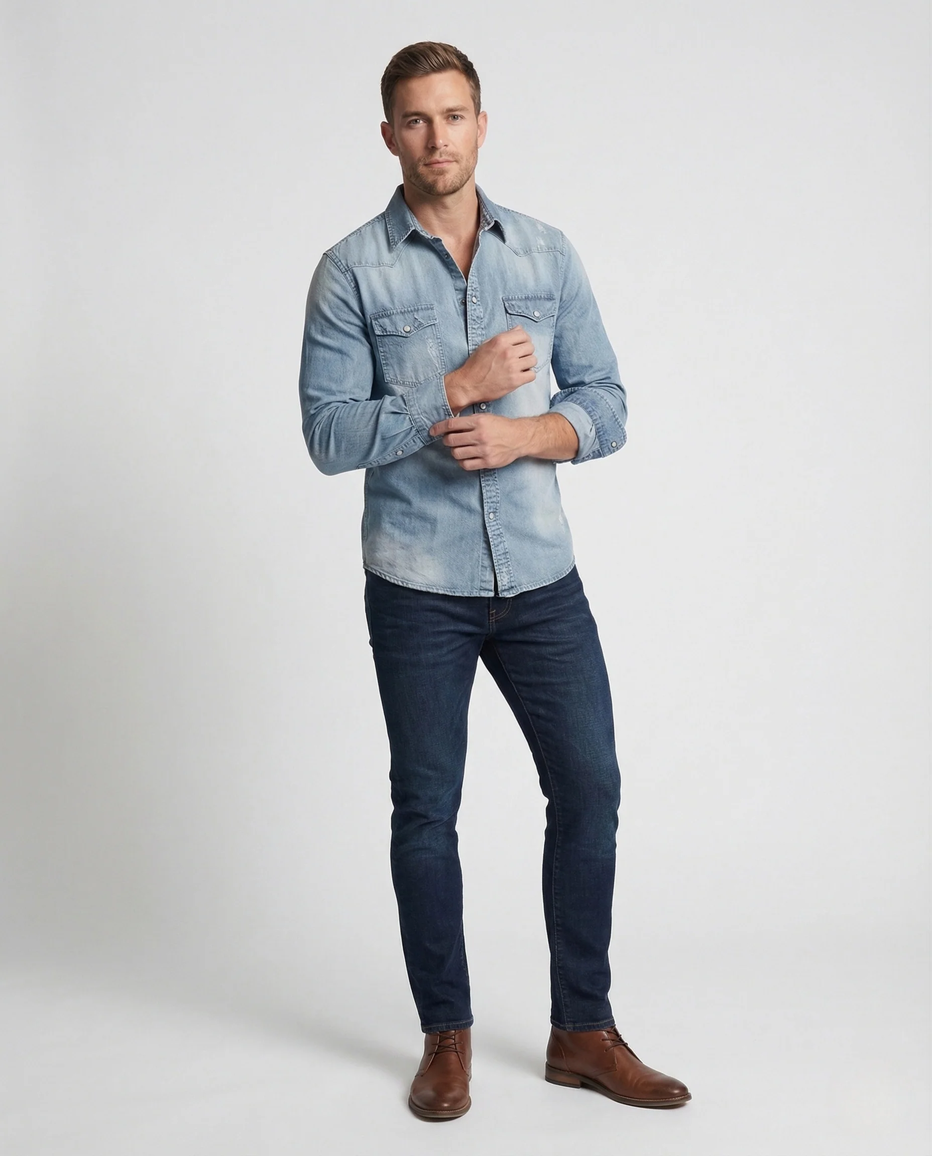 Herren Jeanshemd Slim Fit mit Druckknöpfen