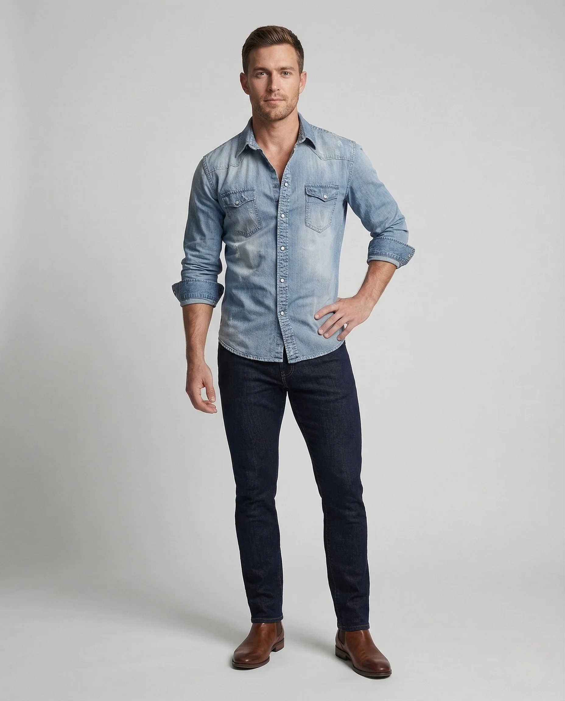 Herren Stretch Western Denim Hemd mit Kontrastnähten