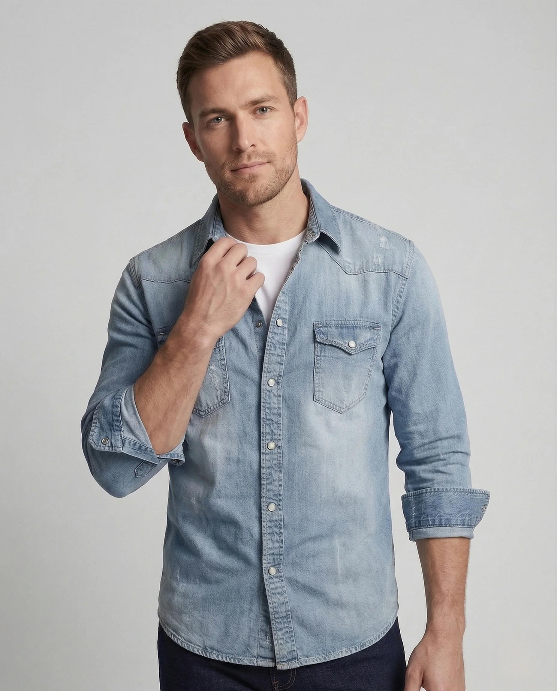 Herren Stretch Western Denim Hemd mit Kontrastnähten - Image 2