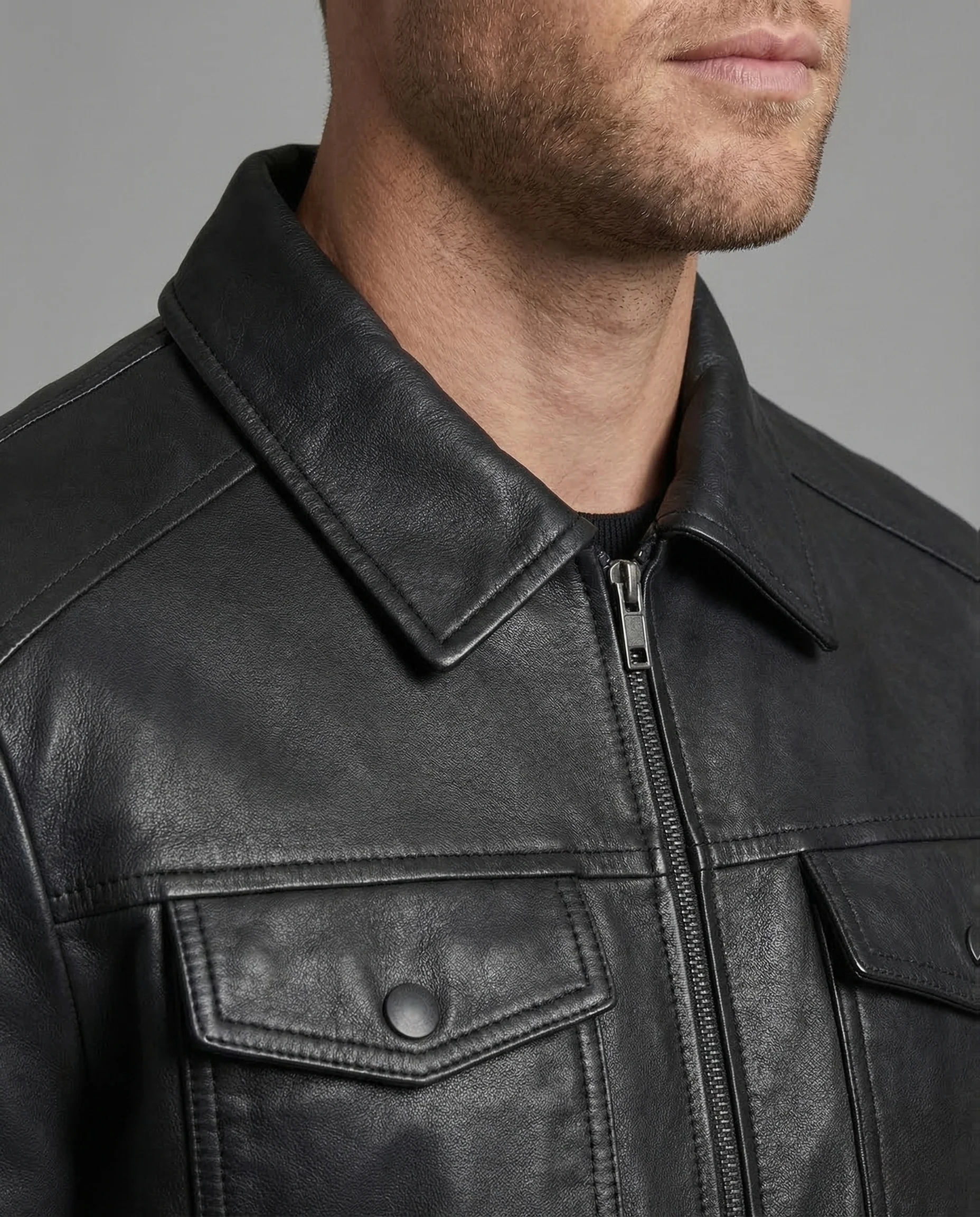 Herren Lederoptik Blouson Hemdkragen Brustklappen - Image 3
