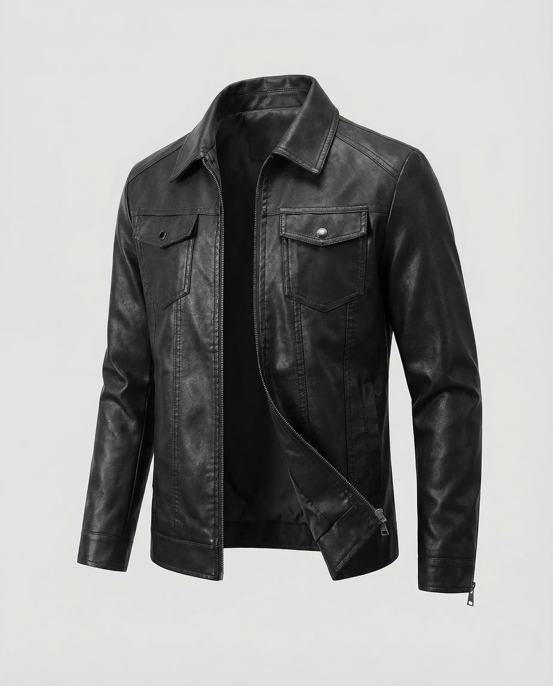 Herren Lederoptik Blouson Hemdkragen Brustklappen - Image 5