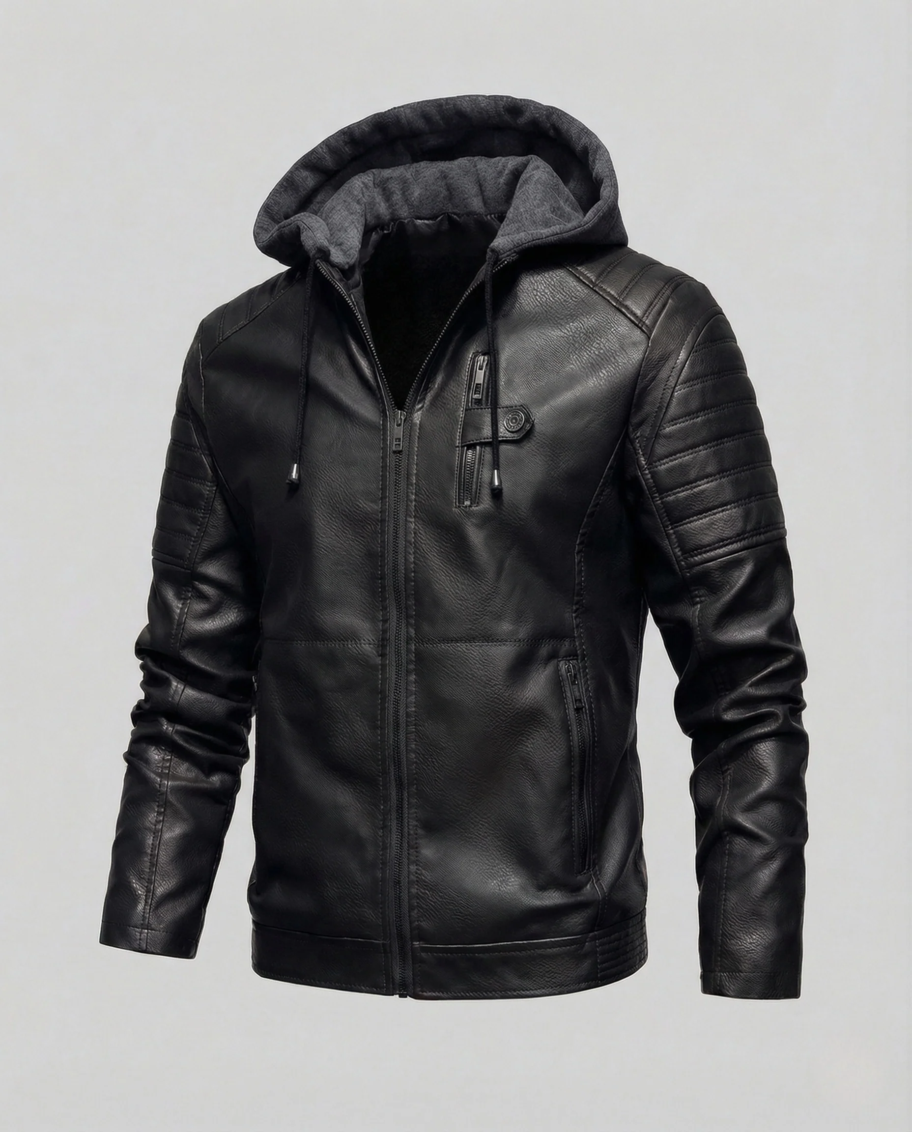 Herren Lederblouson mit Sweatkapuze & Steppdetails - Image 8