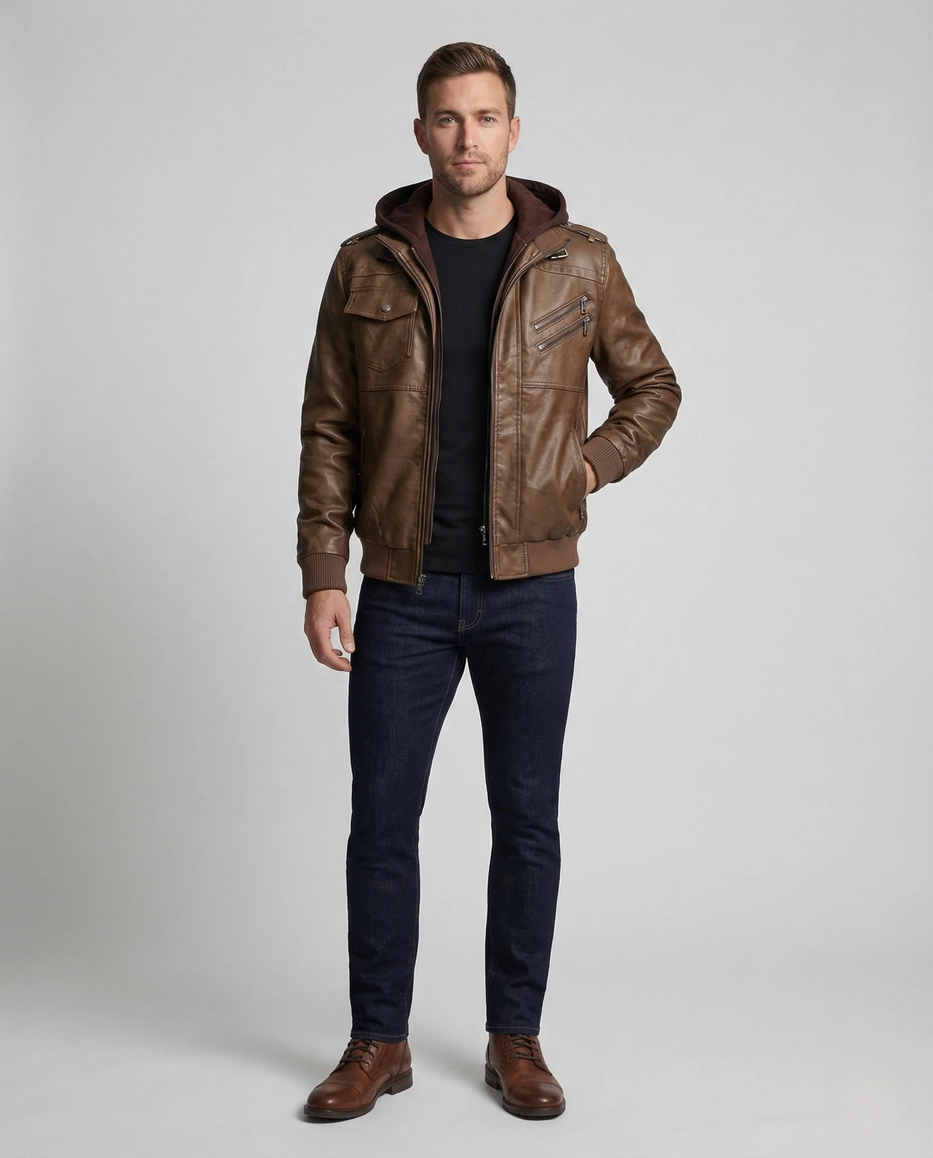 Herren Vintage Lederblouson mit Kapuze