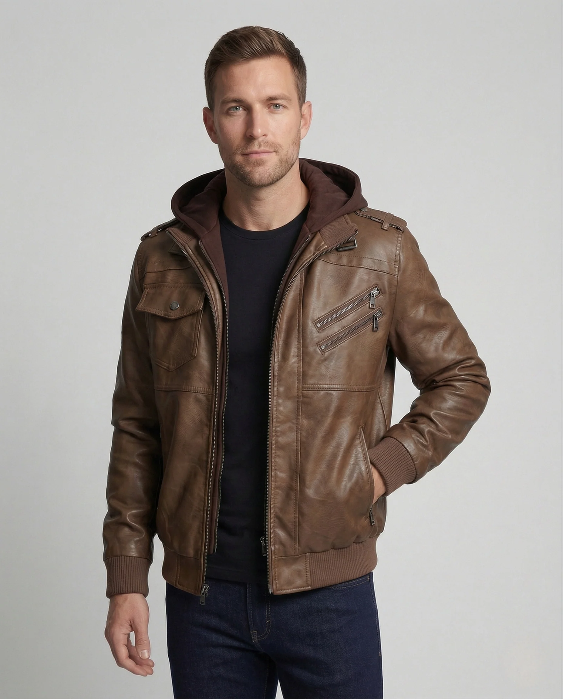 Herren Vintage Lederblouson mit Kapuze - Image 2