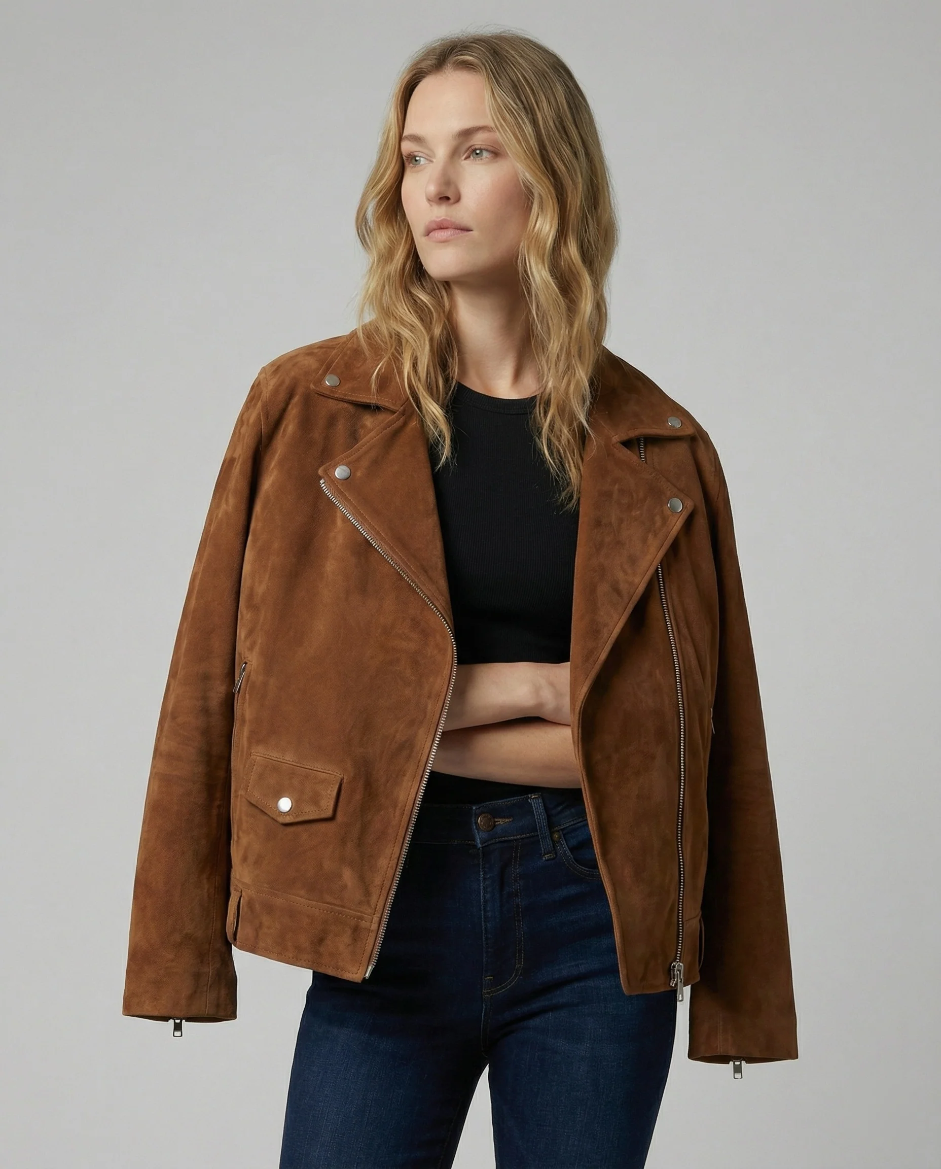 Weit geschnittene Wildlederoptik Jacke mit großem Revers und Reißverschluss-Druckknopf-Kombination Heidi-Mode - Image 2