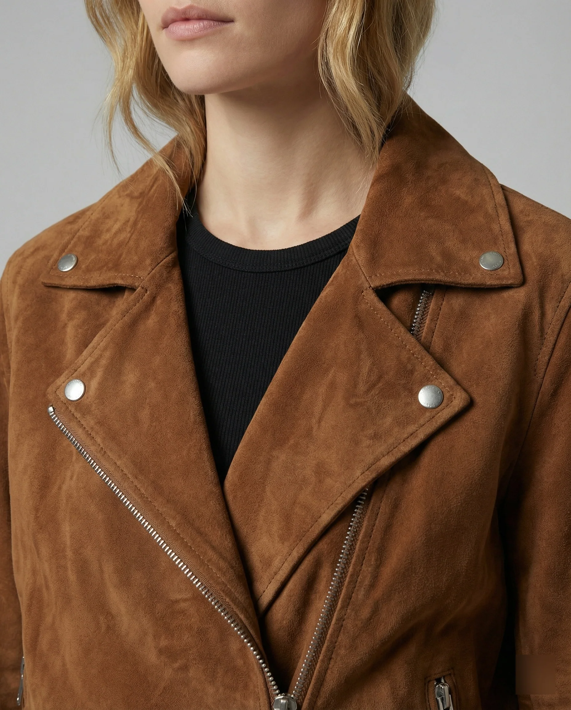 Weit geschnittene Wildlederoptik Jacke mit großem Revers und Reißverschluss-Druckknopf-Kombination Heidi-Mode - Image 5